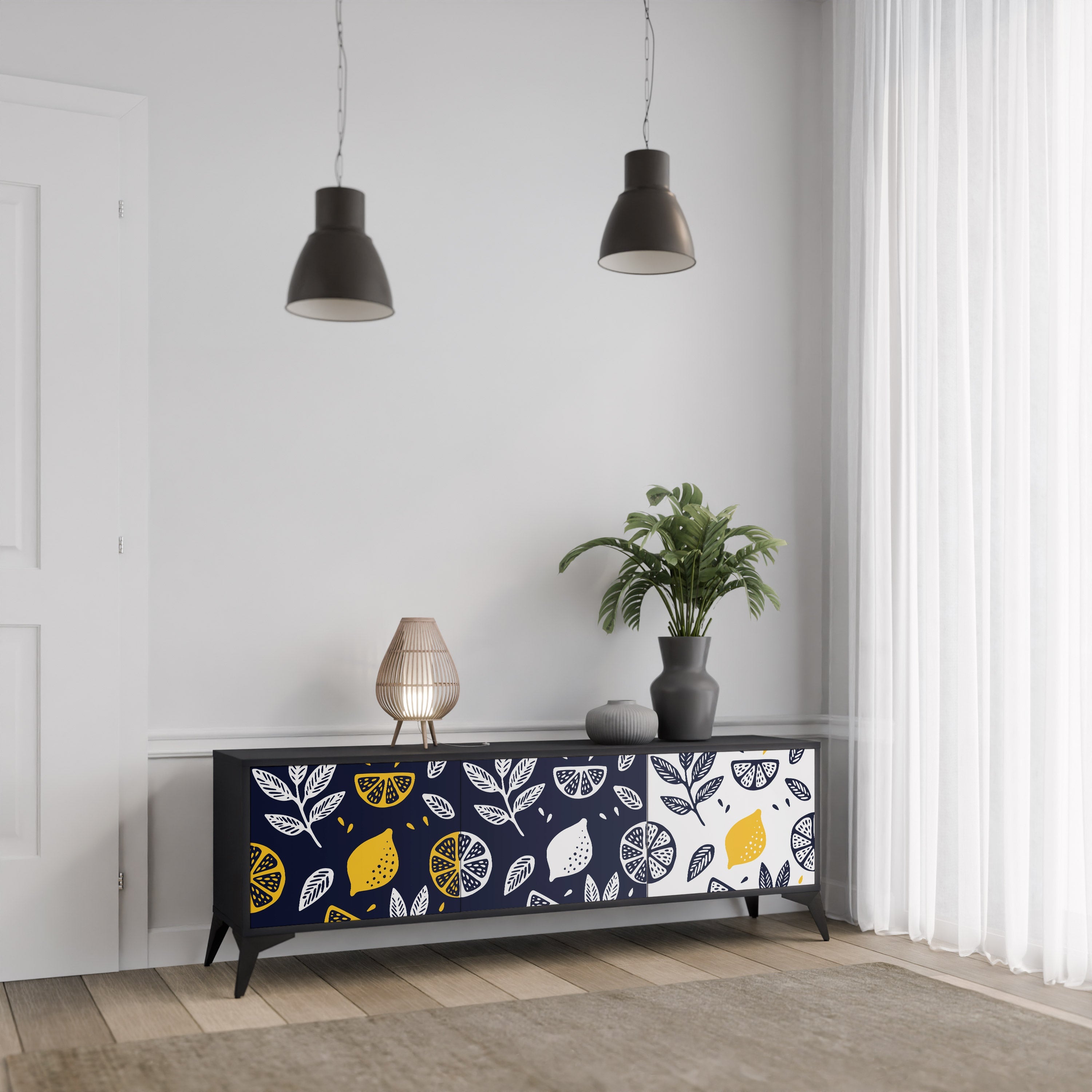 Meuble TV 3 portes CITRUS NOIR ET BLANC en finition noire