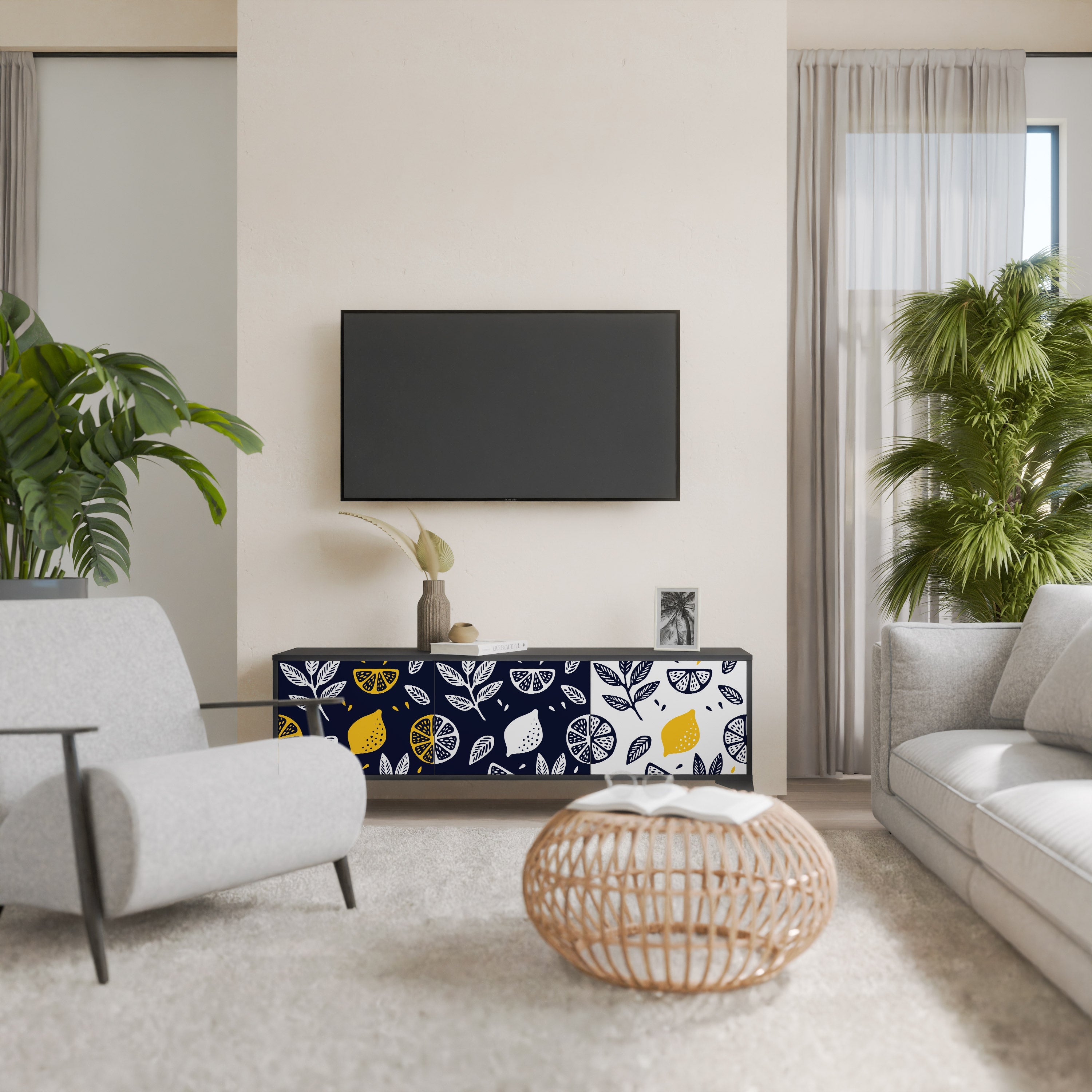 Meuble TV 3 portes CITRUS NOIR ET BLANC en finition noire