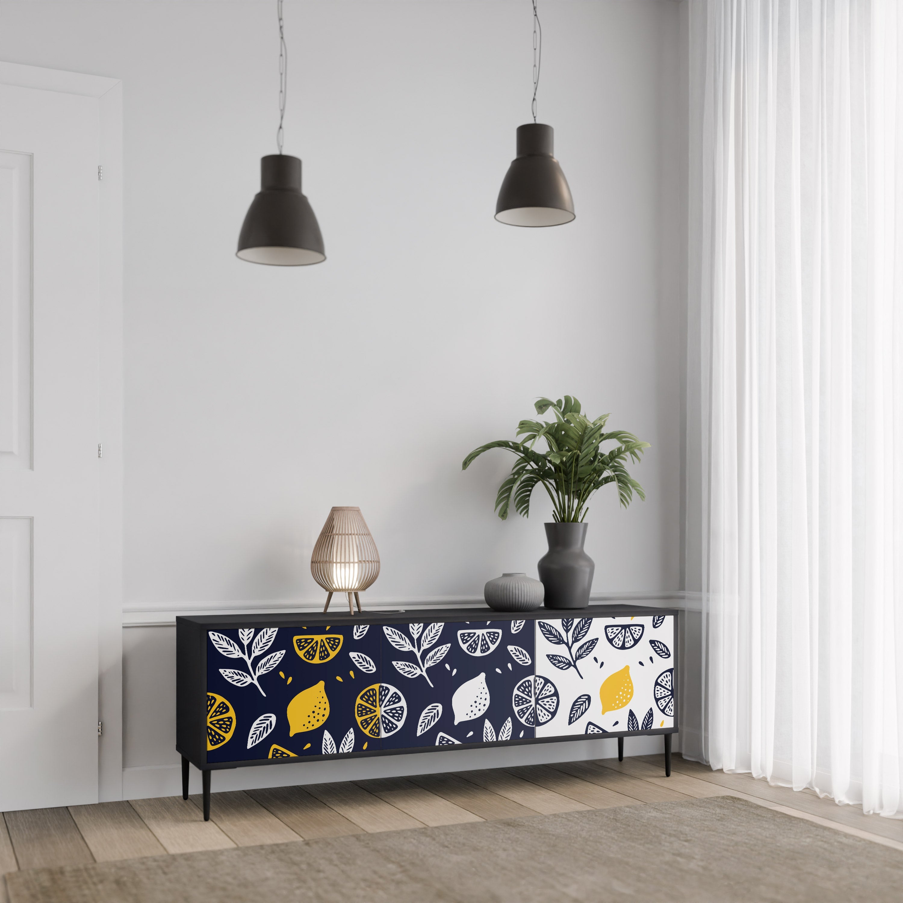 Meuble TV 3 portes CITRUS NOIR ET BLANC en finition noire