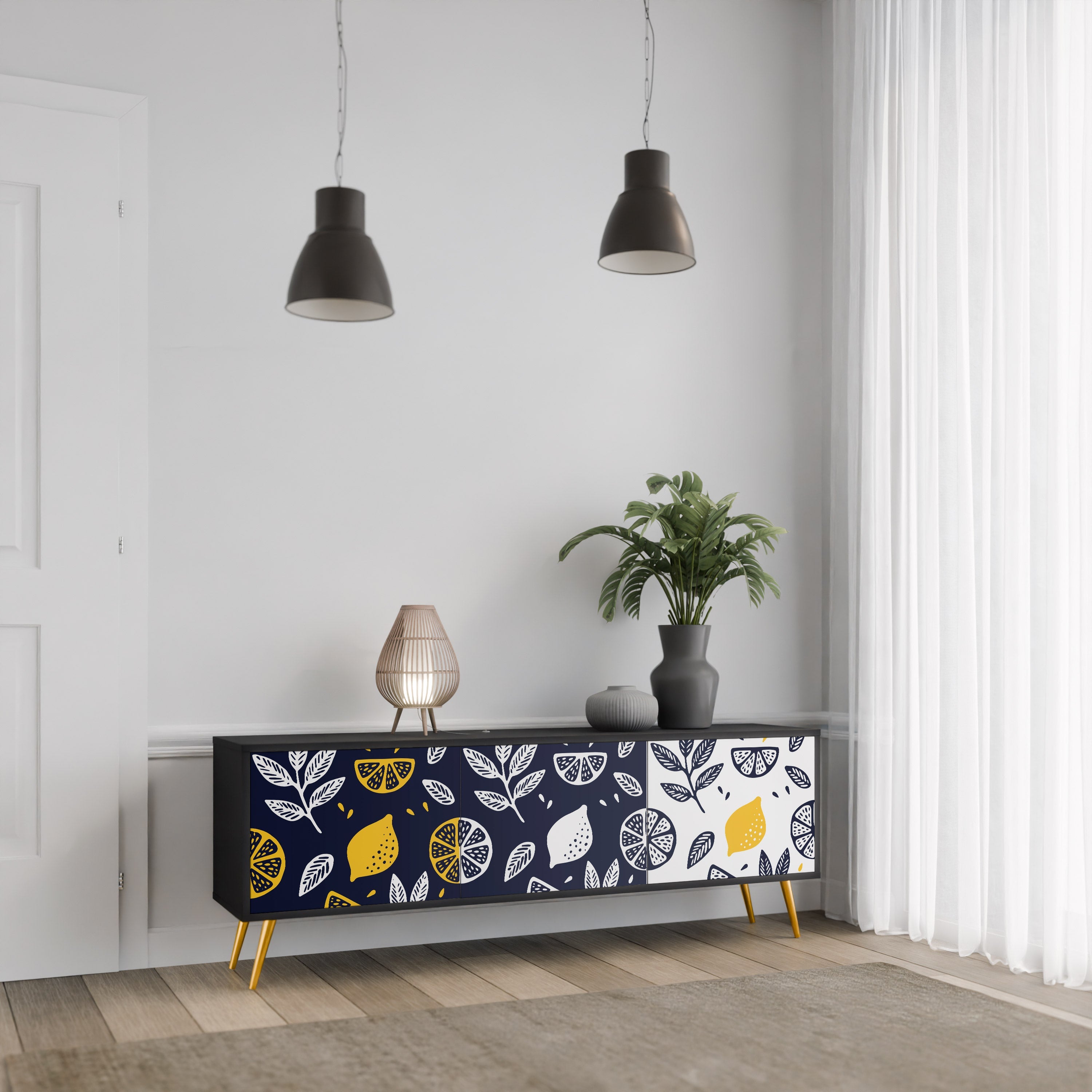 Meuble TV 3 portes CITRUS NOIR ET BLANC en finition noire