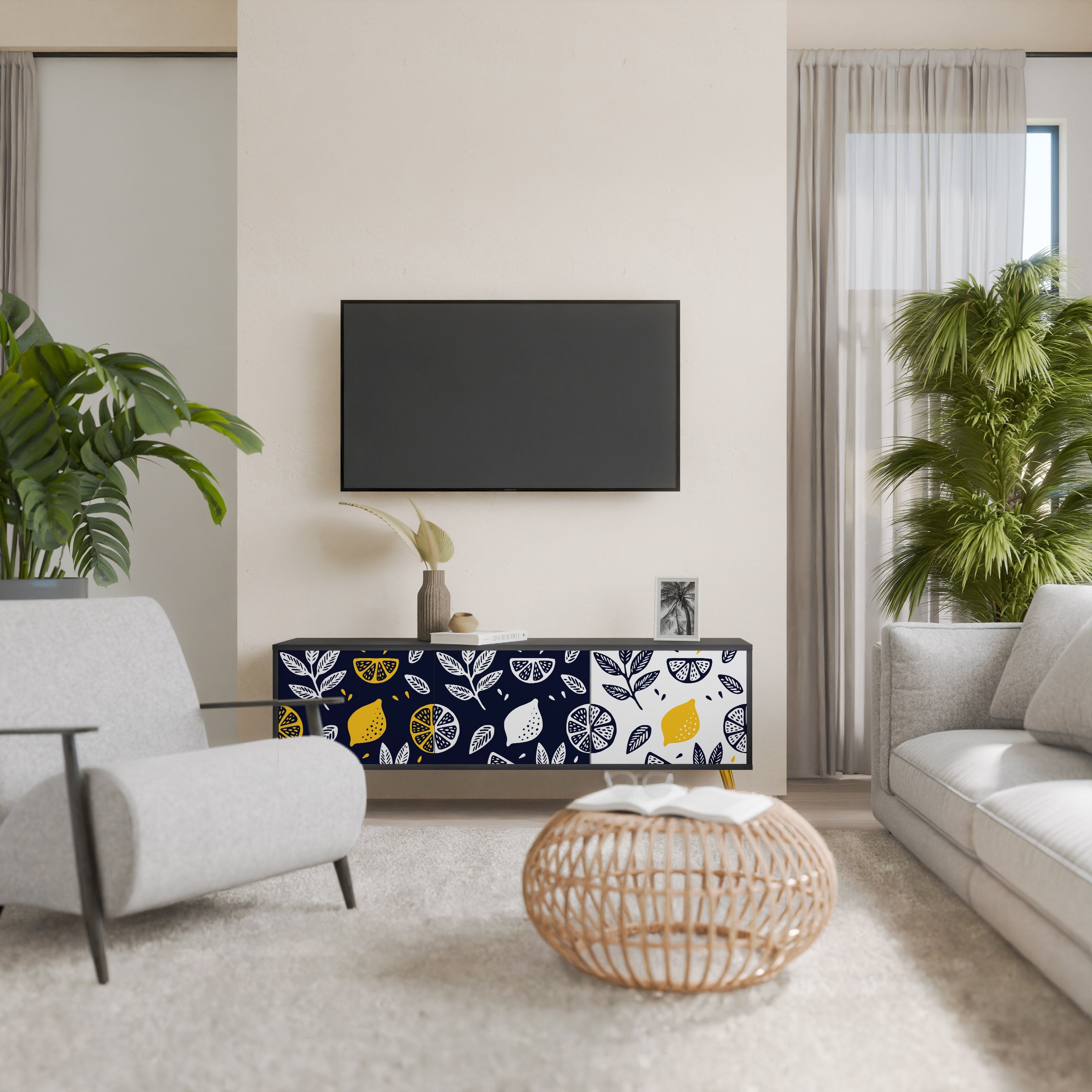 Meuble TV 3 portes CITRUS NOIR ET BLANC en finition noire