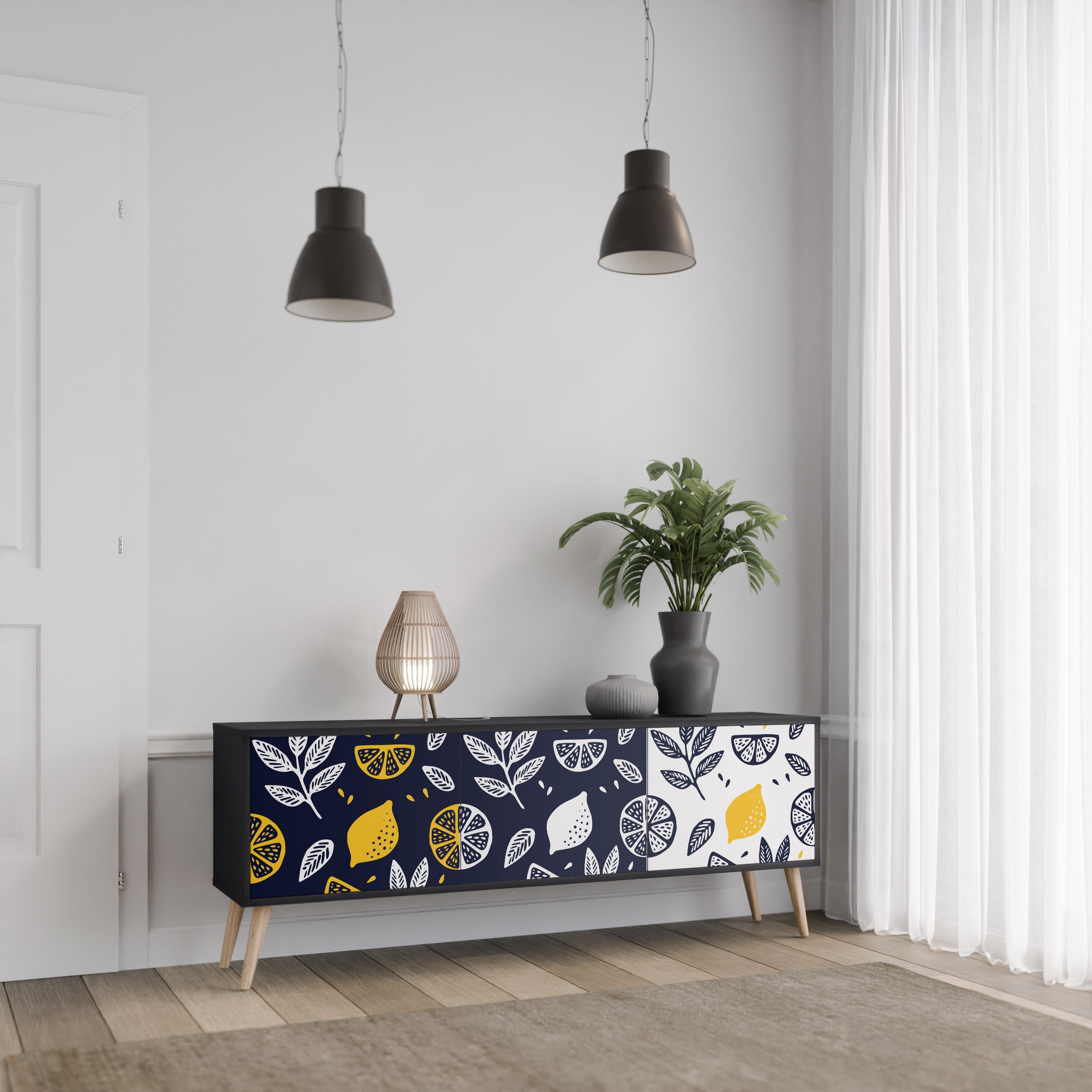 Meuble TV 3 portes CITRUS NOIR ET BLANC en finition noire