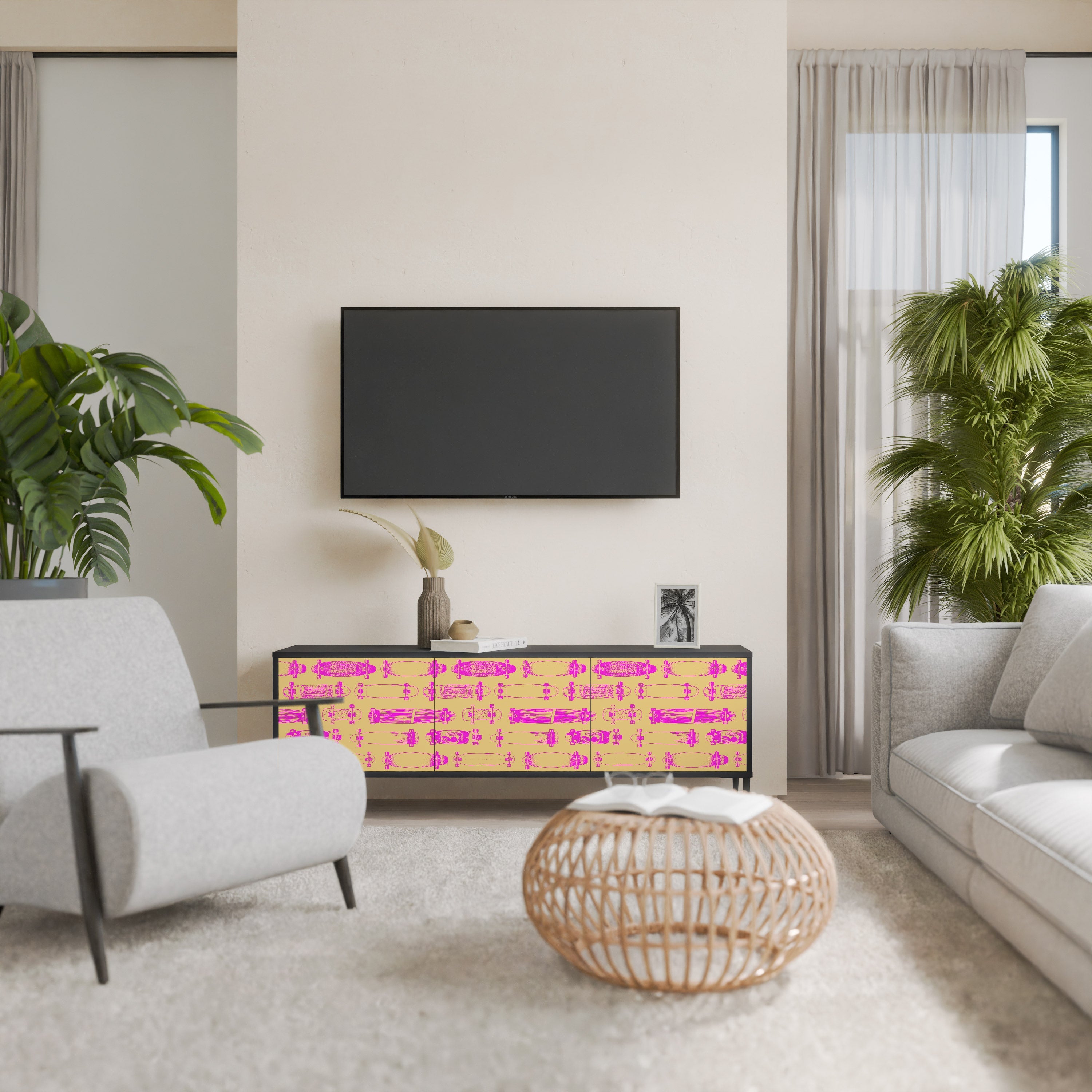 Meuble TV 3 portes SKATEBOARD ARTISTRY, finition noire