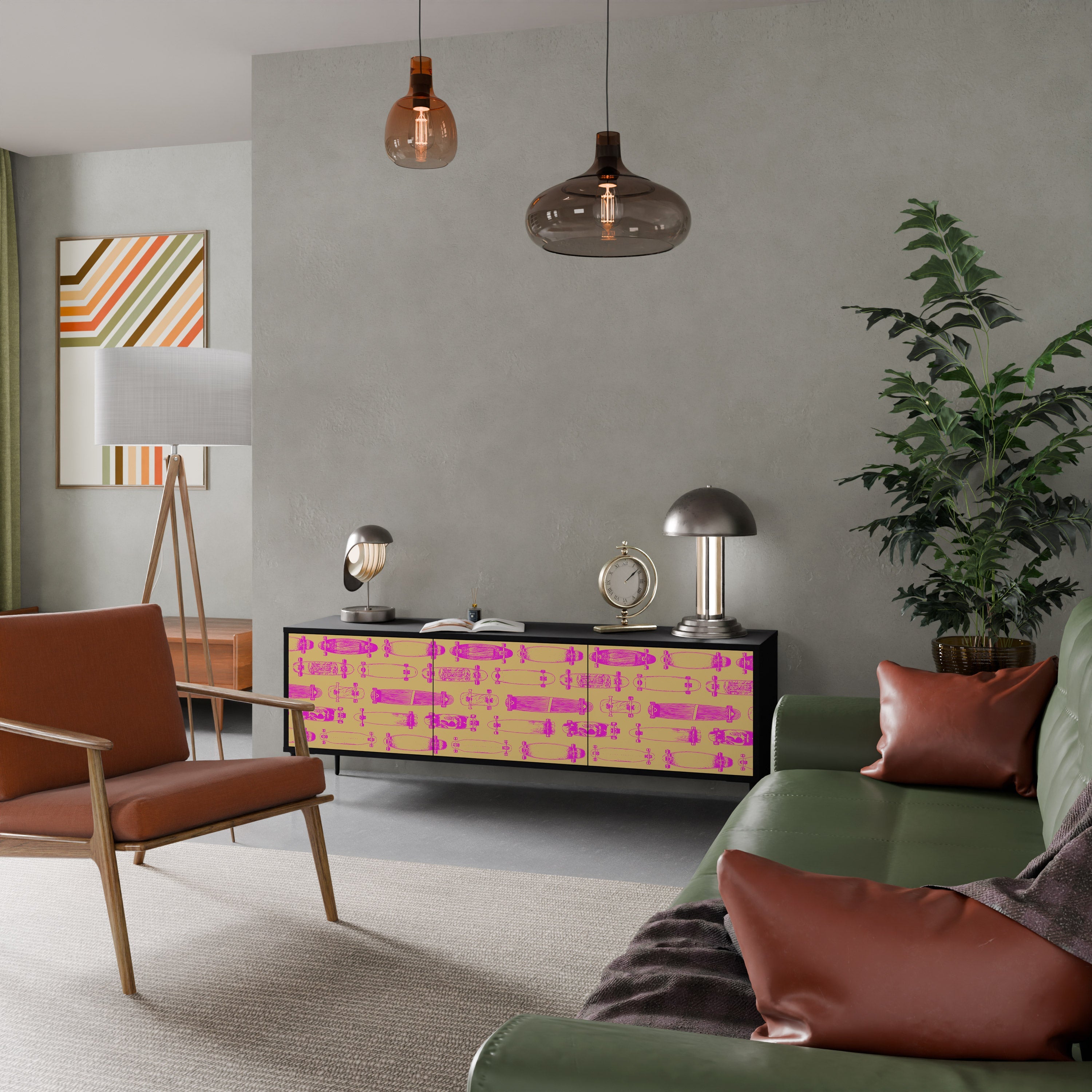 Meuble TV 3 portes SKATEBOARD ARTISTRY, finition noire