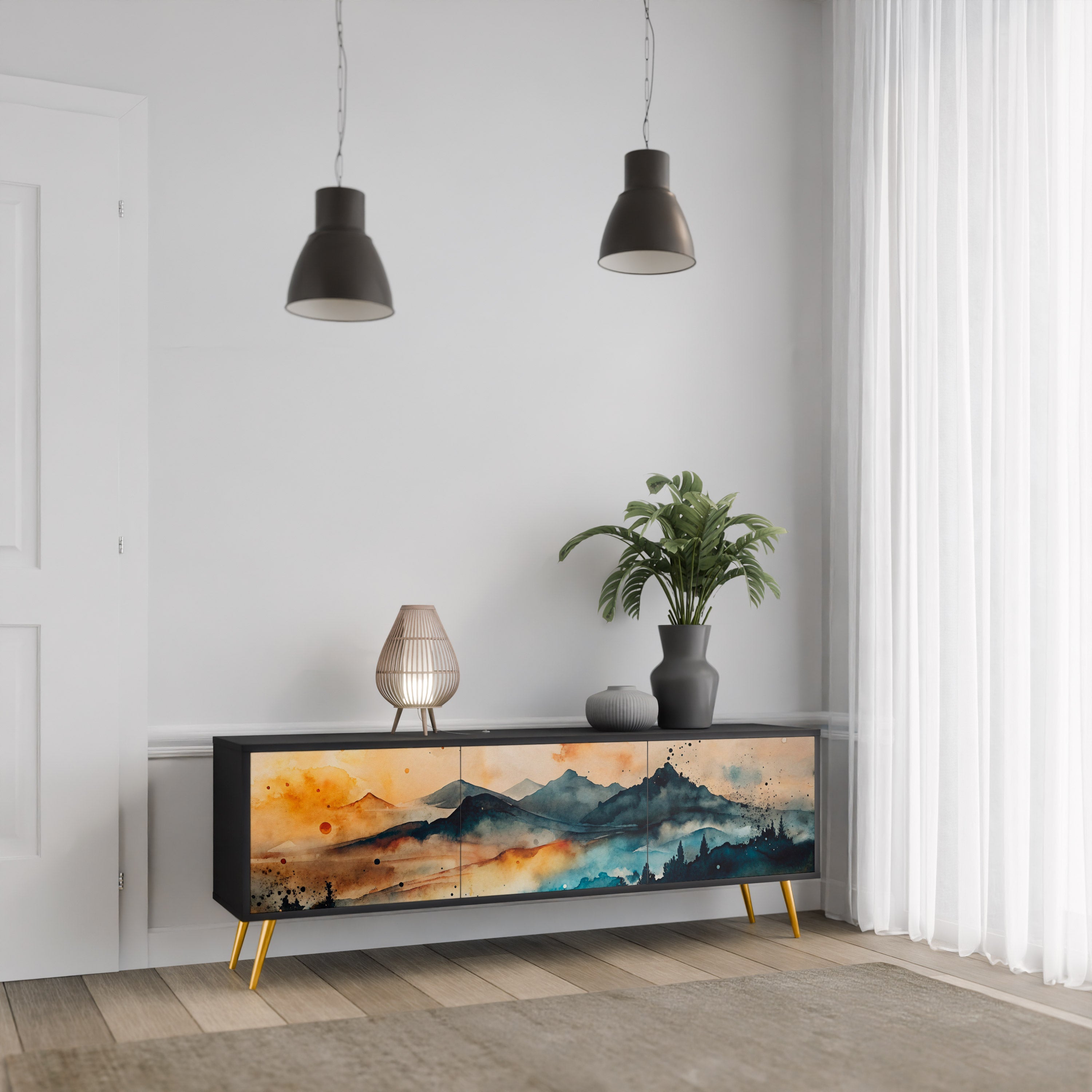 Meuble TV 3 portes OMINOUS MOUNTAINS en finition noire