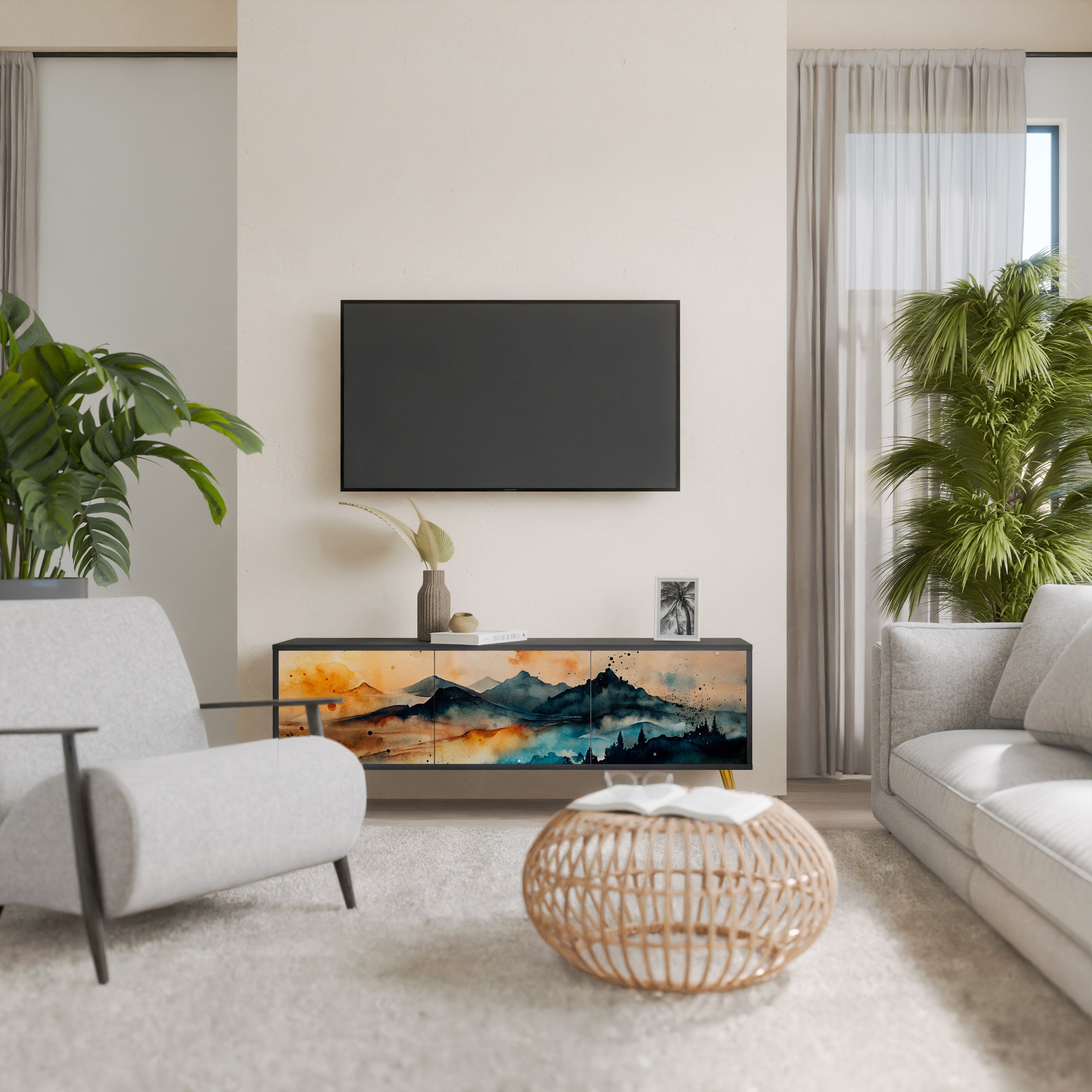 Meuble TV 3 portes OMINOUS MOUNTAINS en finition noire