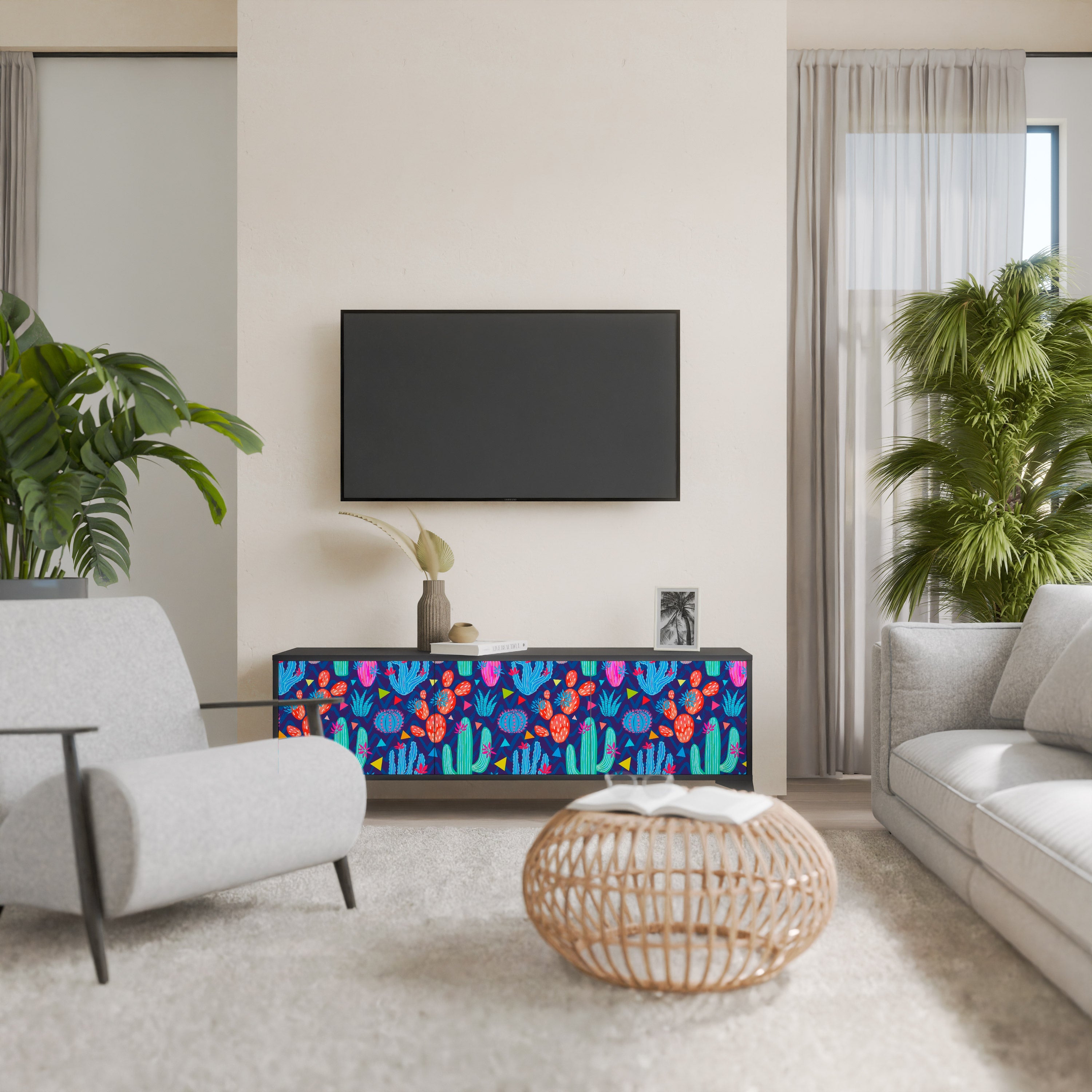 Meuble TV 3 portes CACTUS VIBES finition noire