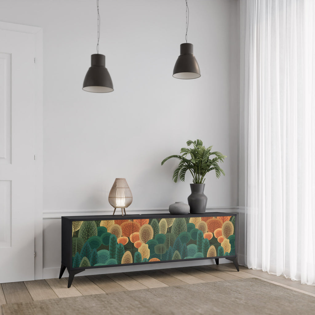 Meuble TV 3 portes KALEIDOSCOPE D'AUTOMNE, finition noire