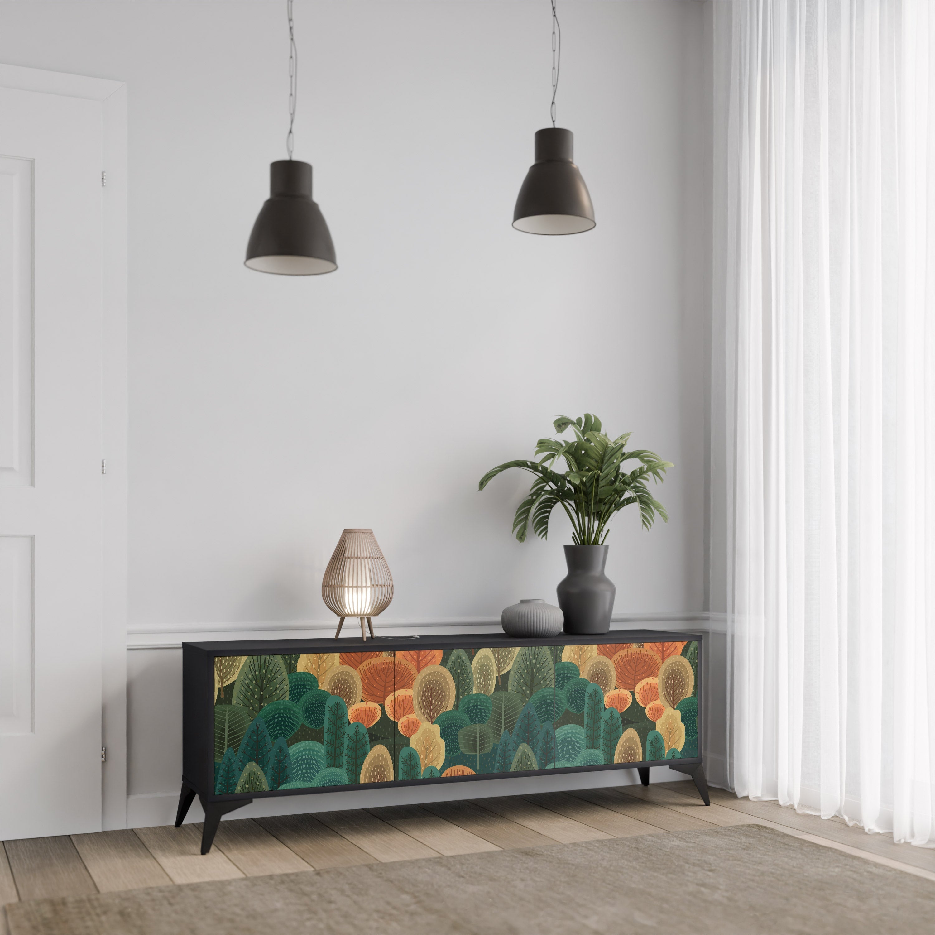 Meuble TV 3 portes KALEIDOSCOPE D'AUTOMNE, finition noire