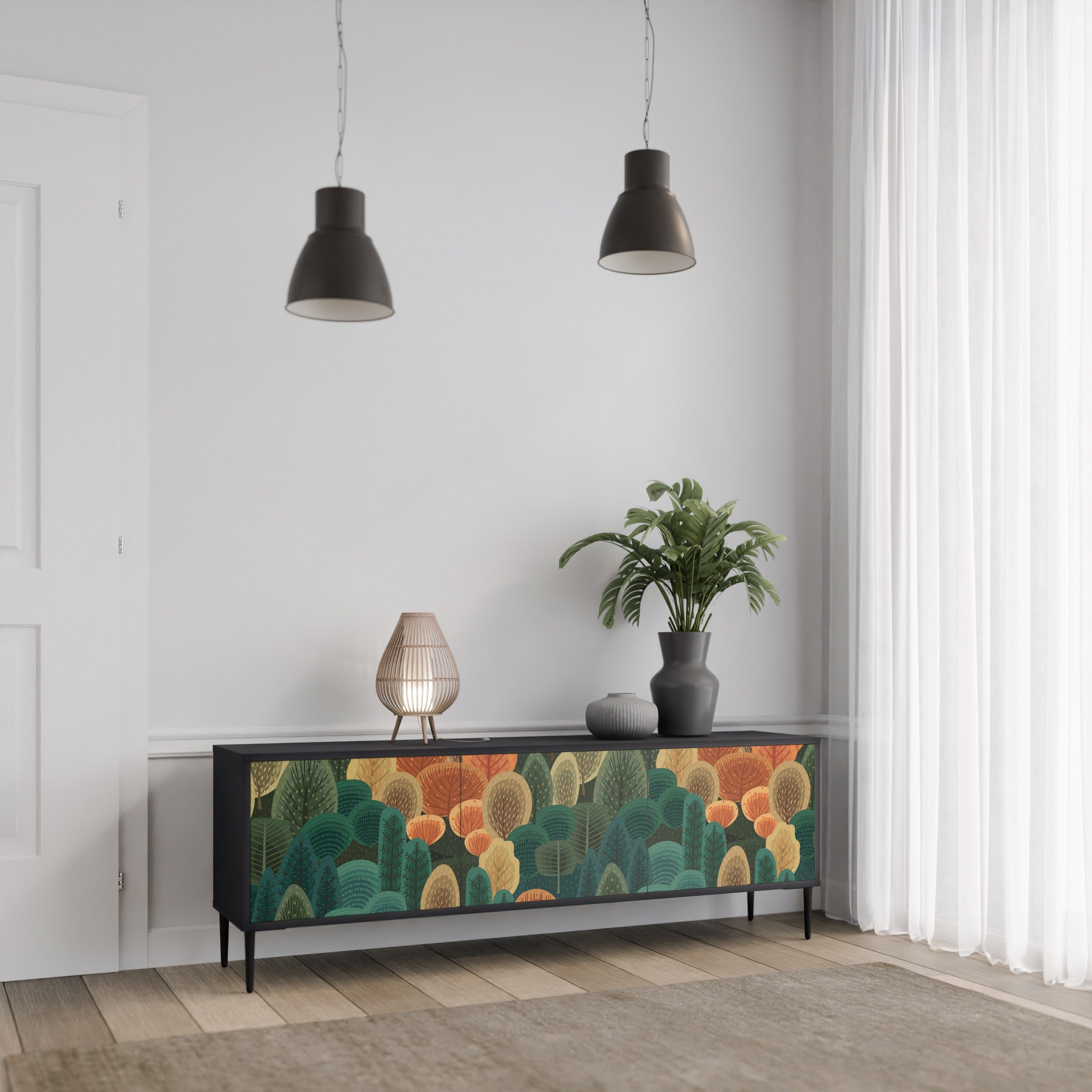 Meuble TV 3 portes KALEIDOSCOPE D'AUTOMNE, finition noire