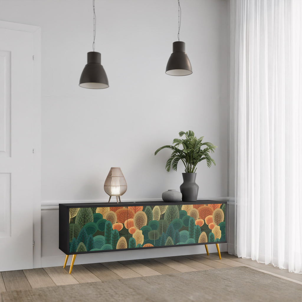 Meuble TV 3 portes KALEIDOSCOPE D'AUTOMNE, finition noire