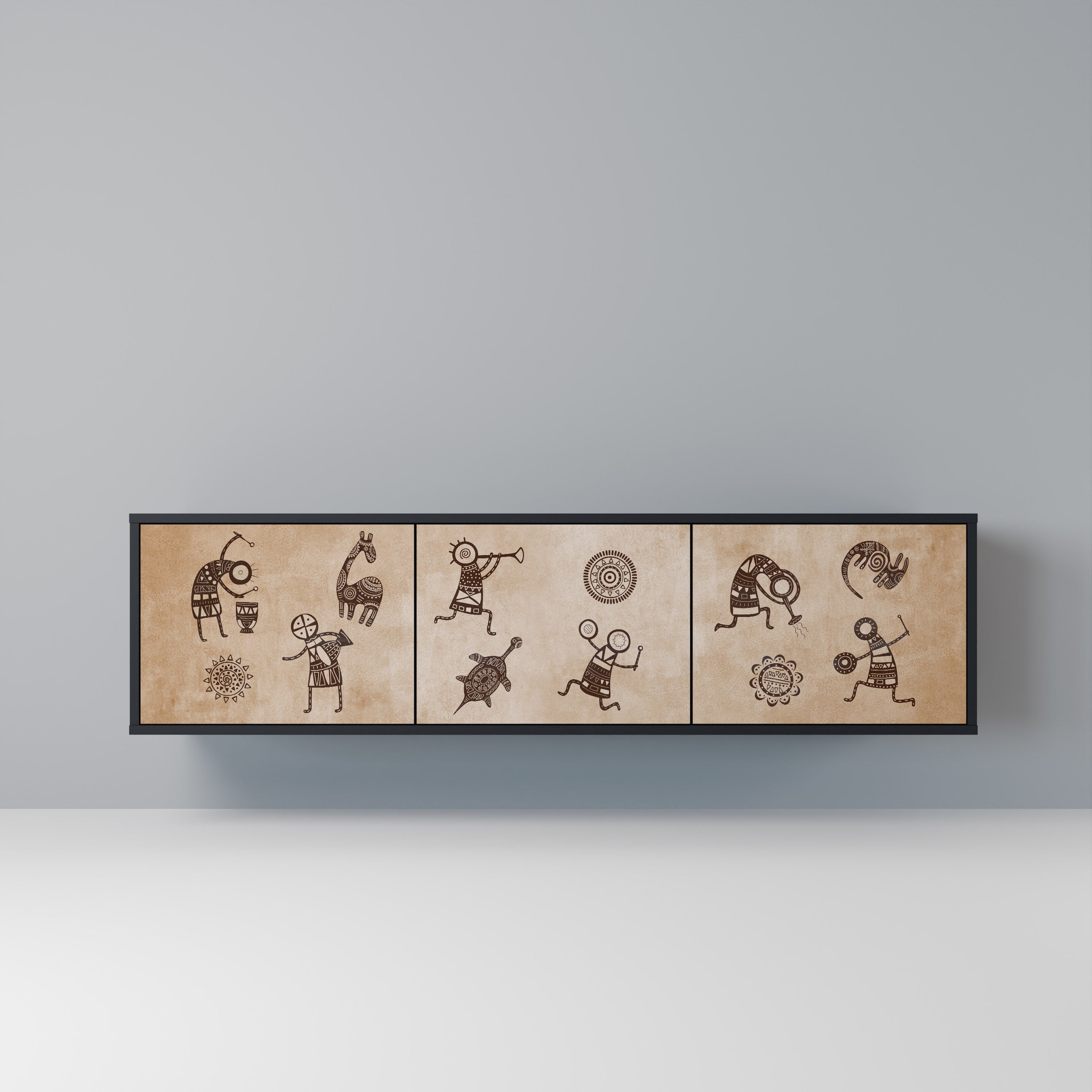 Meuble TV 3 portes de style africain, finition noire