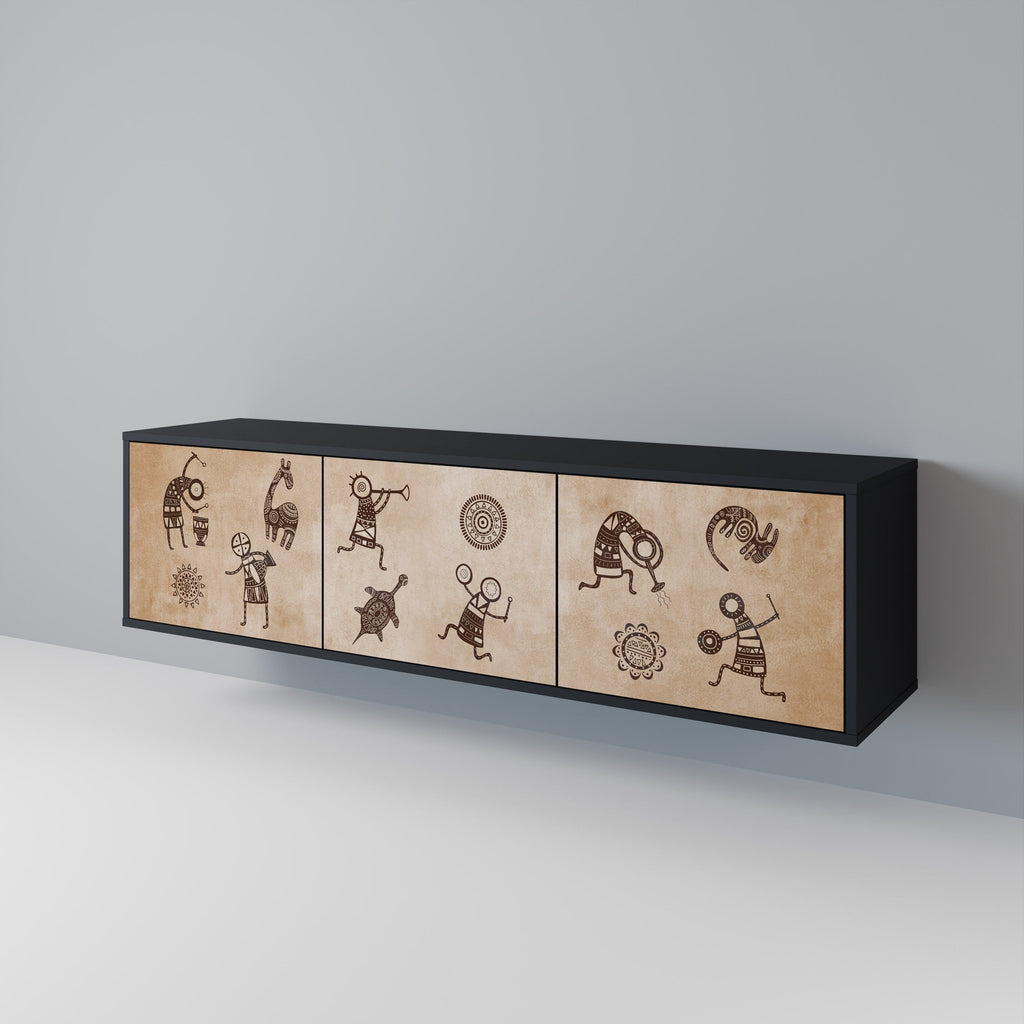 Meuble TV 3 portes de style africain, finition noire