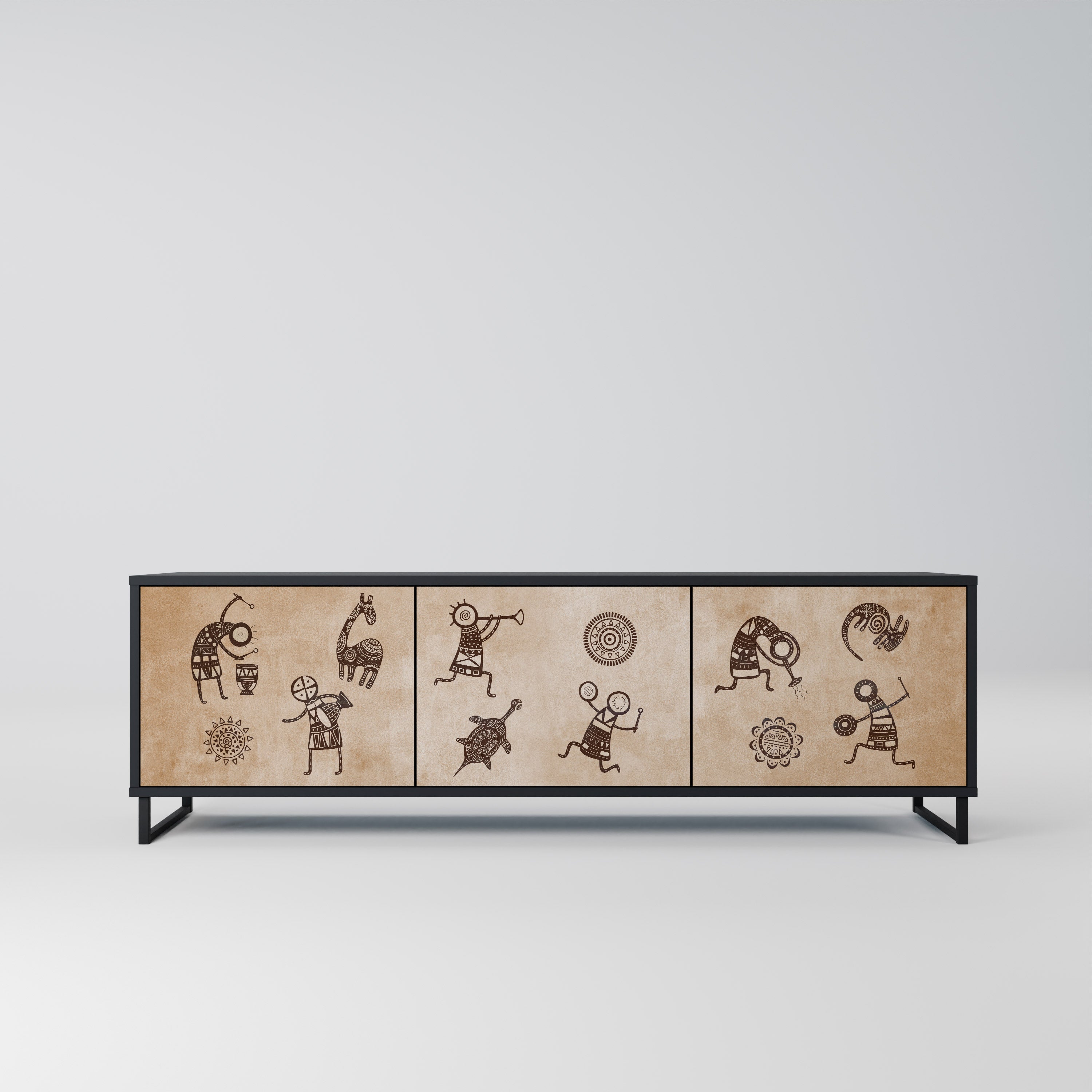 Meuble TV 3 portes de style africain, finition noire