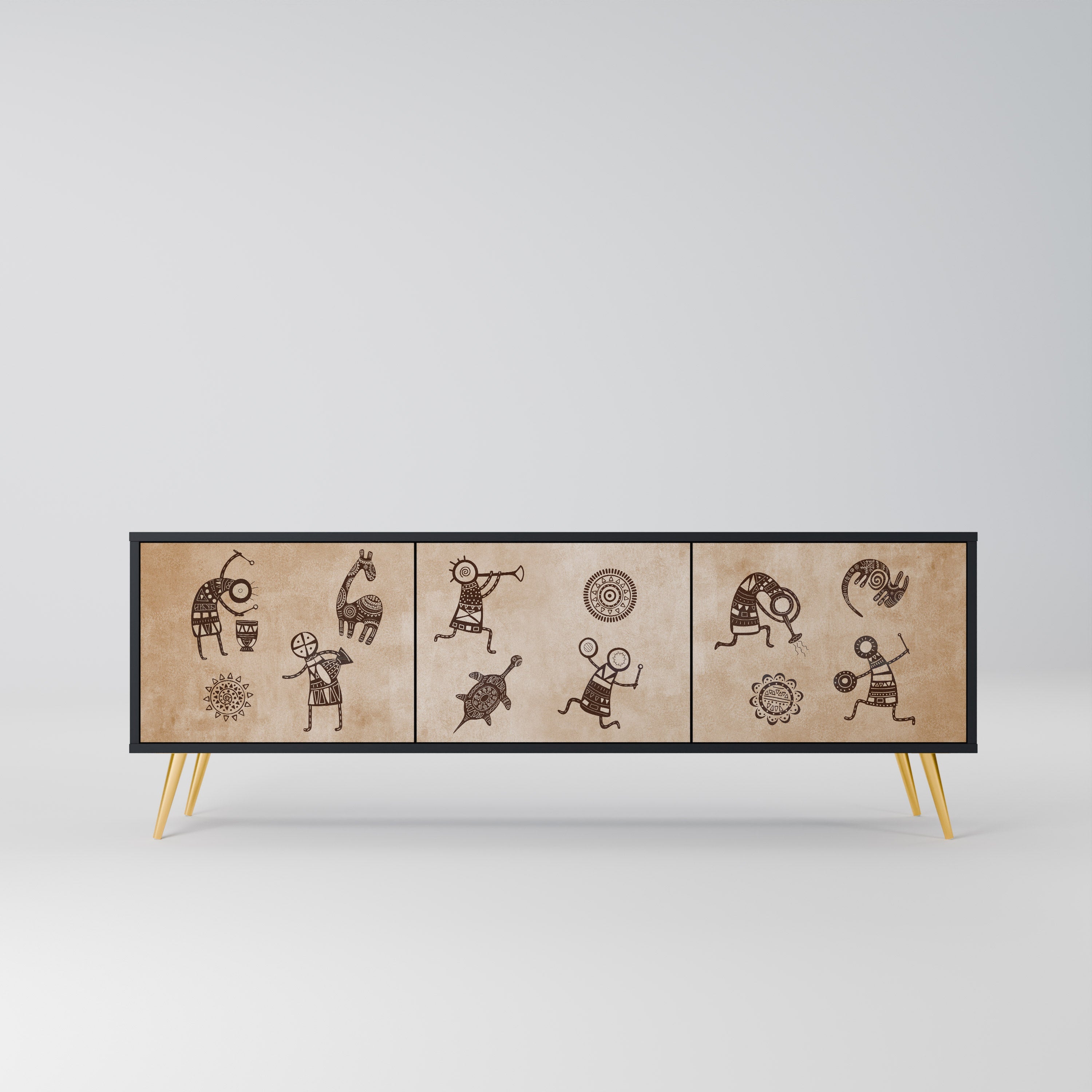 Meuble TV 3 portes de style africain, finition noire