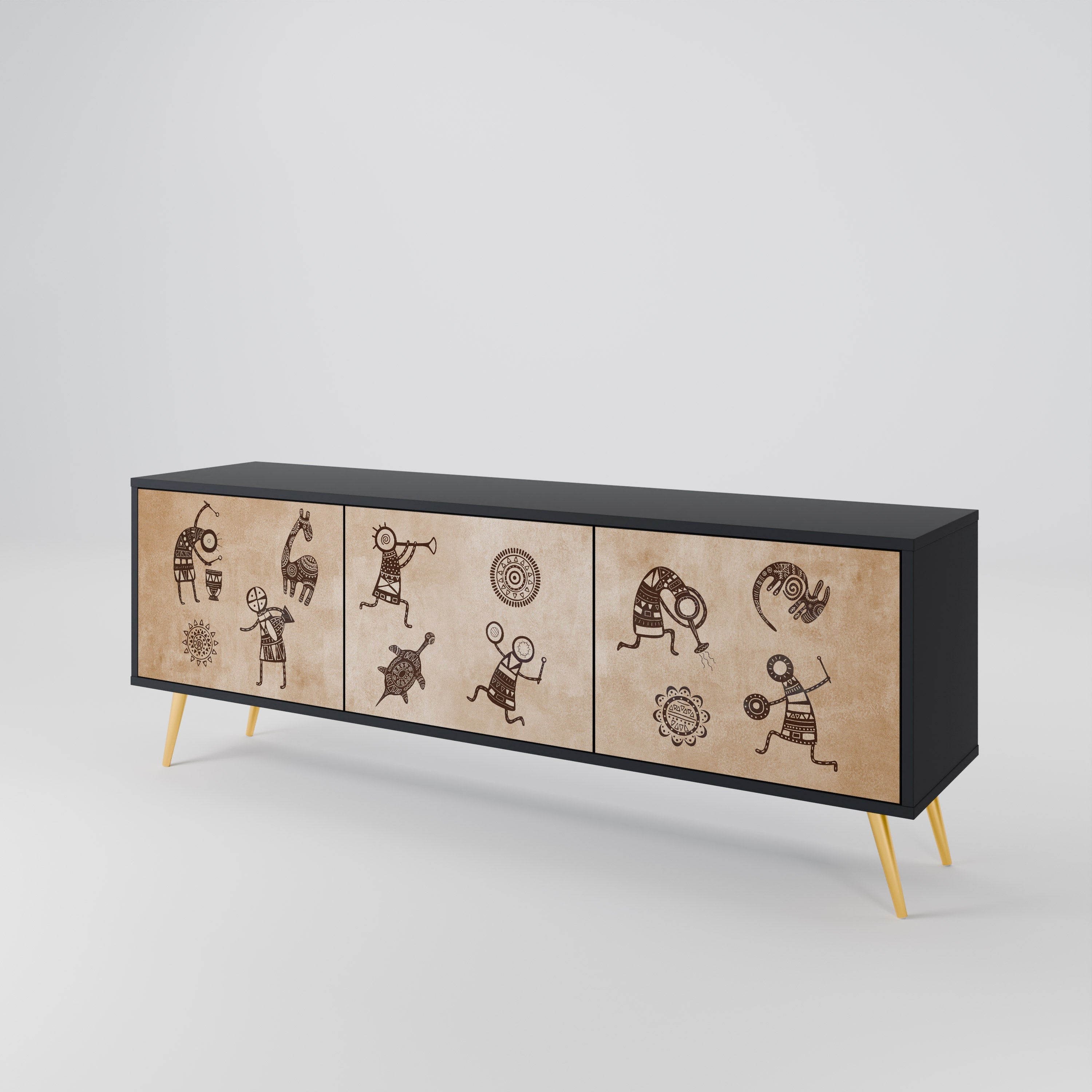 Meuble TV 3 portes de style africain, finition noire