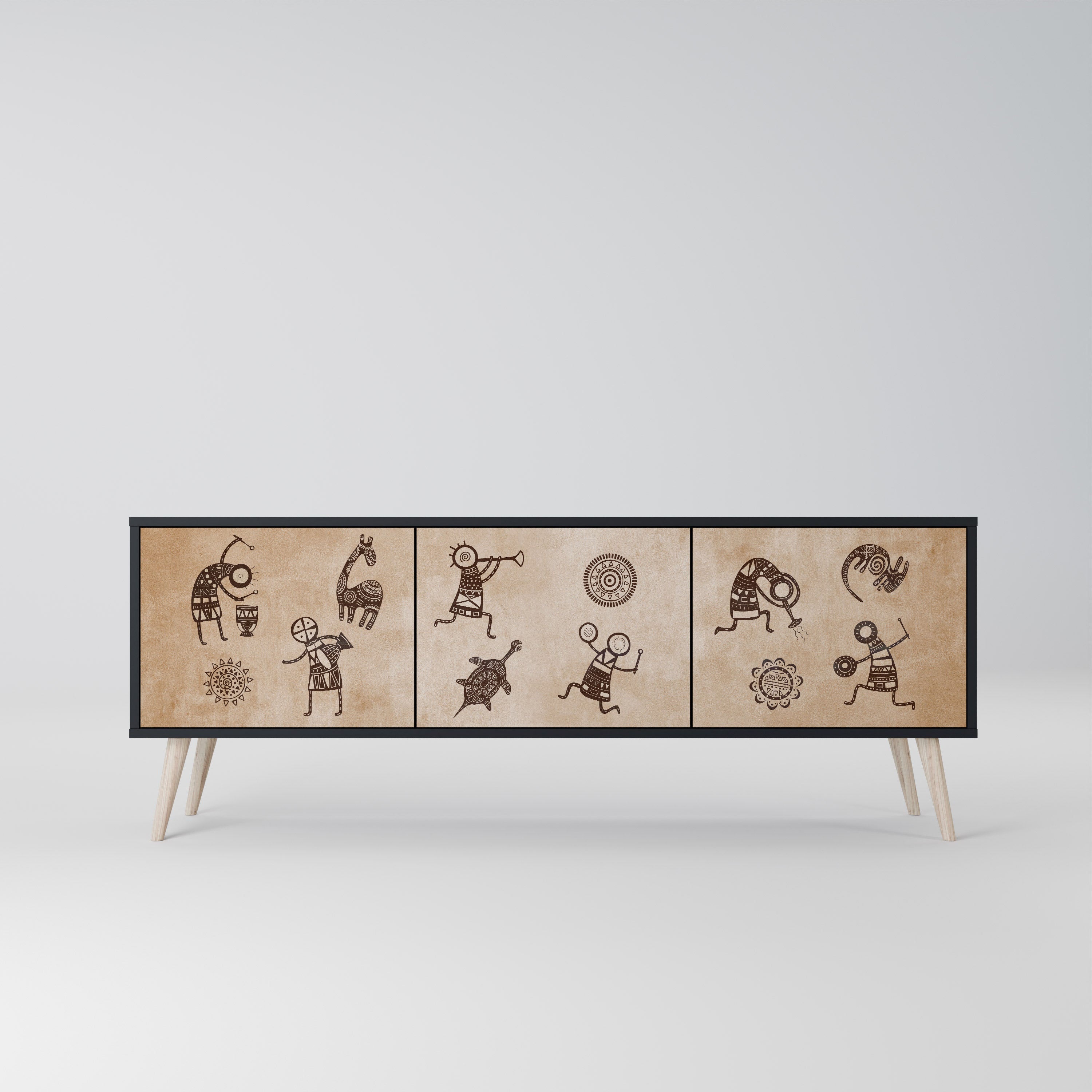 Meuble TV 3 portes de style africain, finition noire