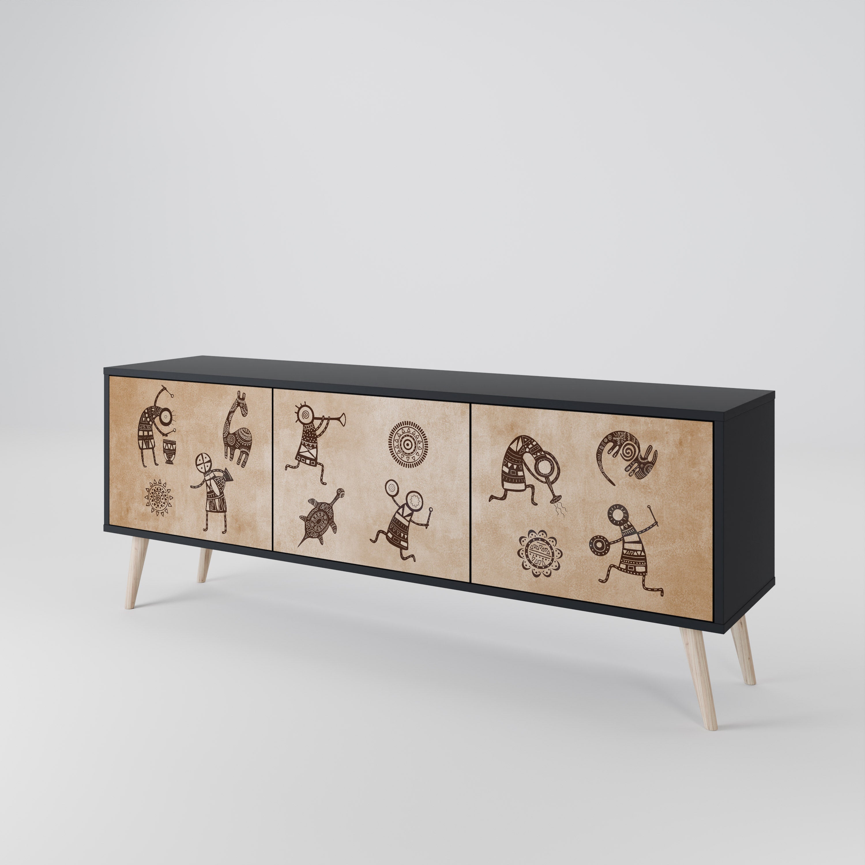 Meuble TV 3 portes de style africain, finition noire