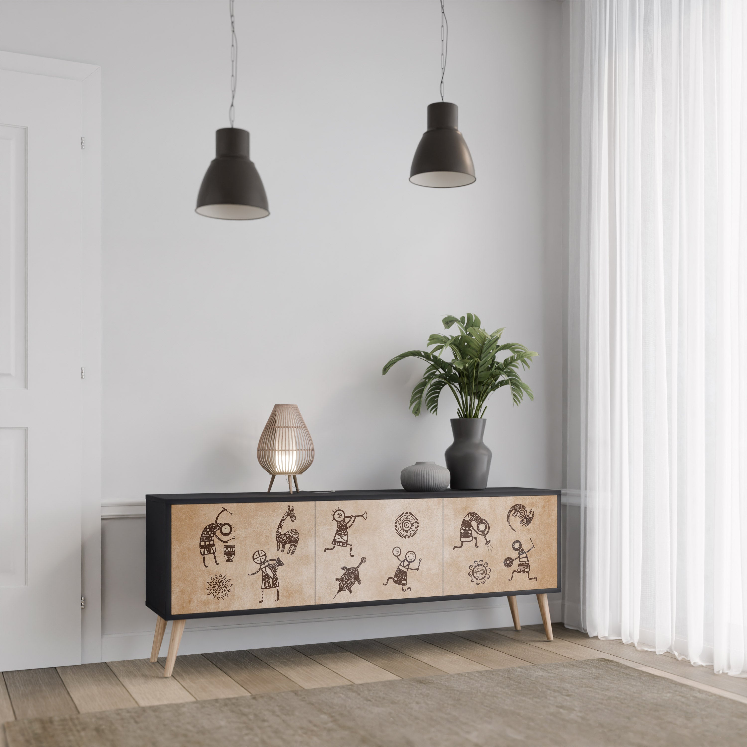 Meuble TV 3 portes de style africain, finition noire