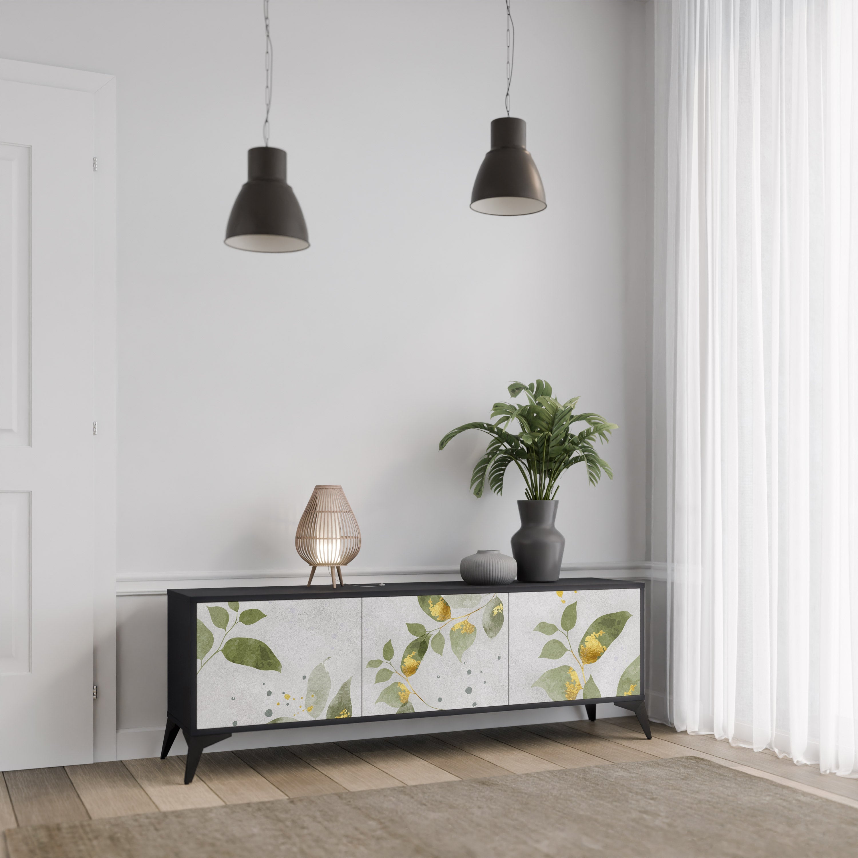 Meuble TV 3 portes ELEGANT BOTANICS finition noire