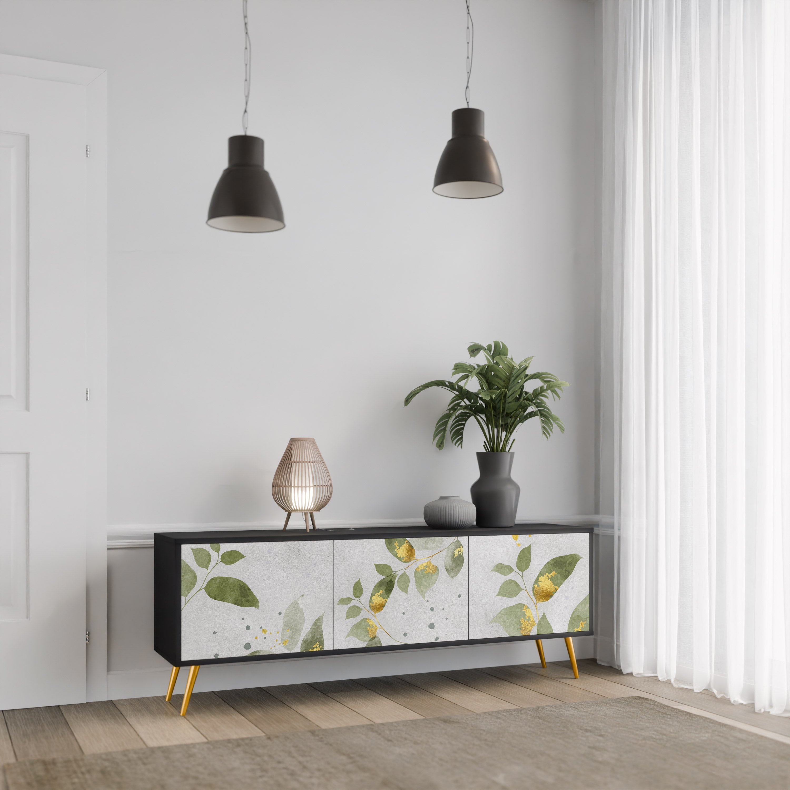 Meuble TV 3 portes ELEGANT BOTANICS finition noire