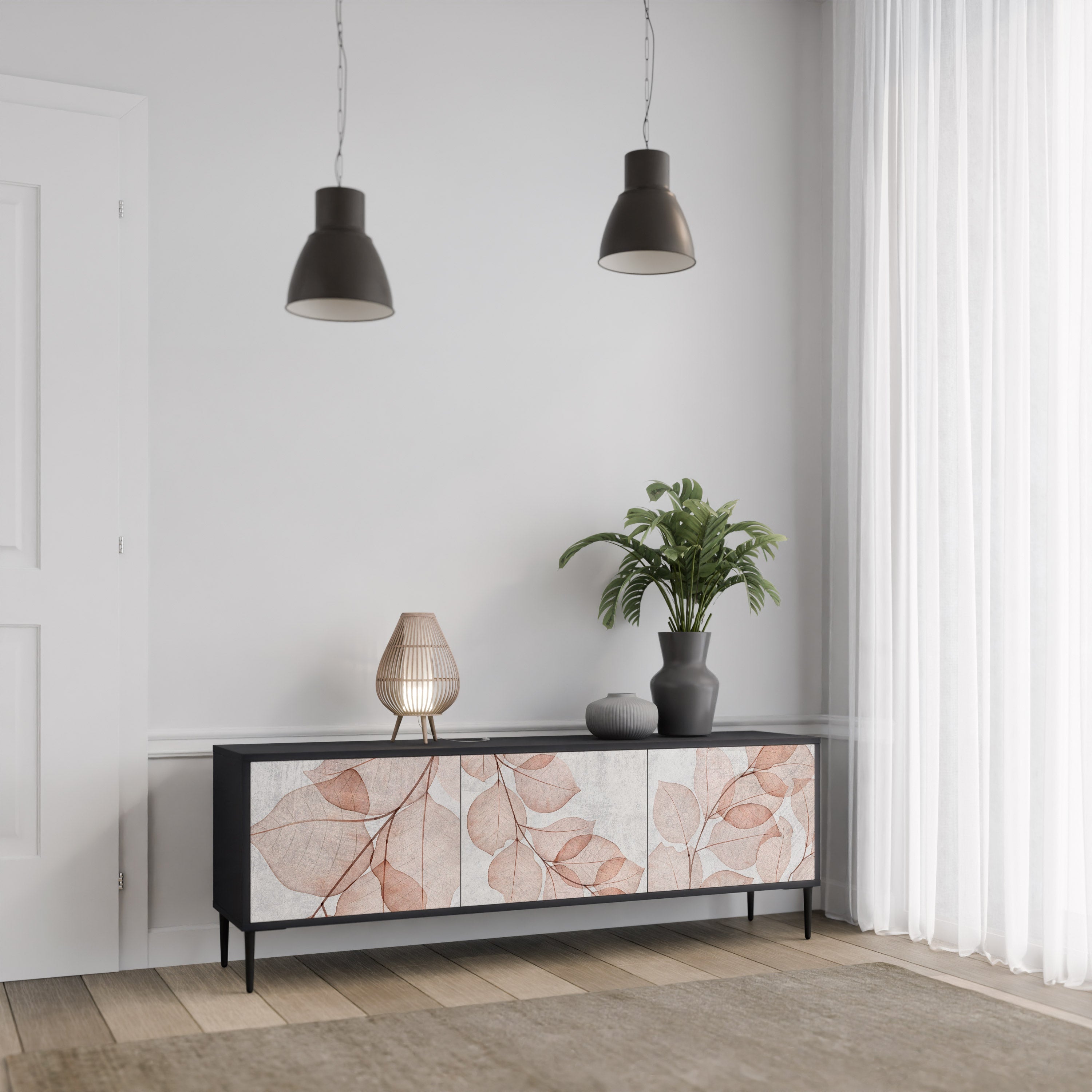 Meuble TV 3 portes AUTUMN FRAGILITY, finition noire