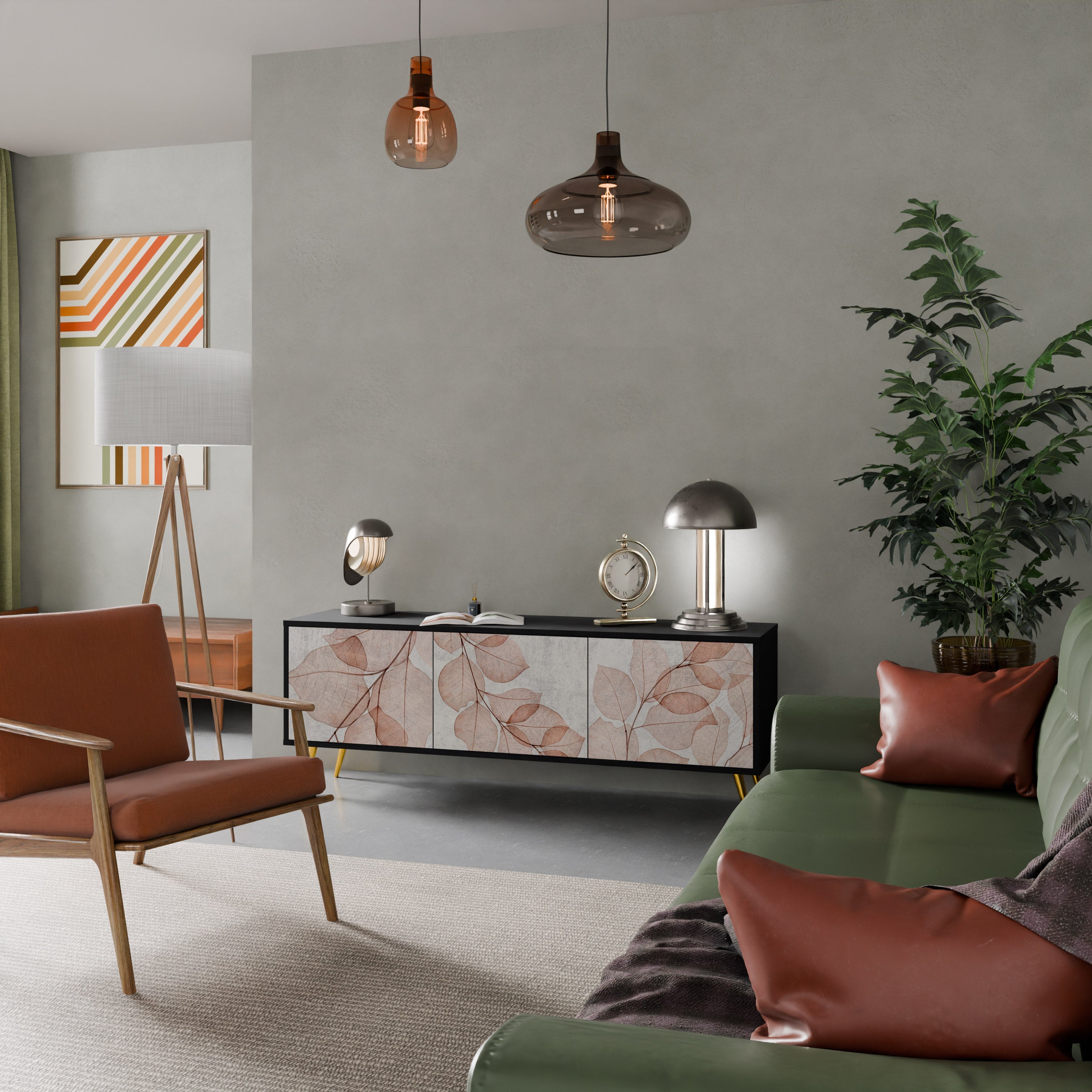 Meuble TV 3 portes AUTUMN FRAGILITY, finition noire