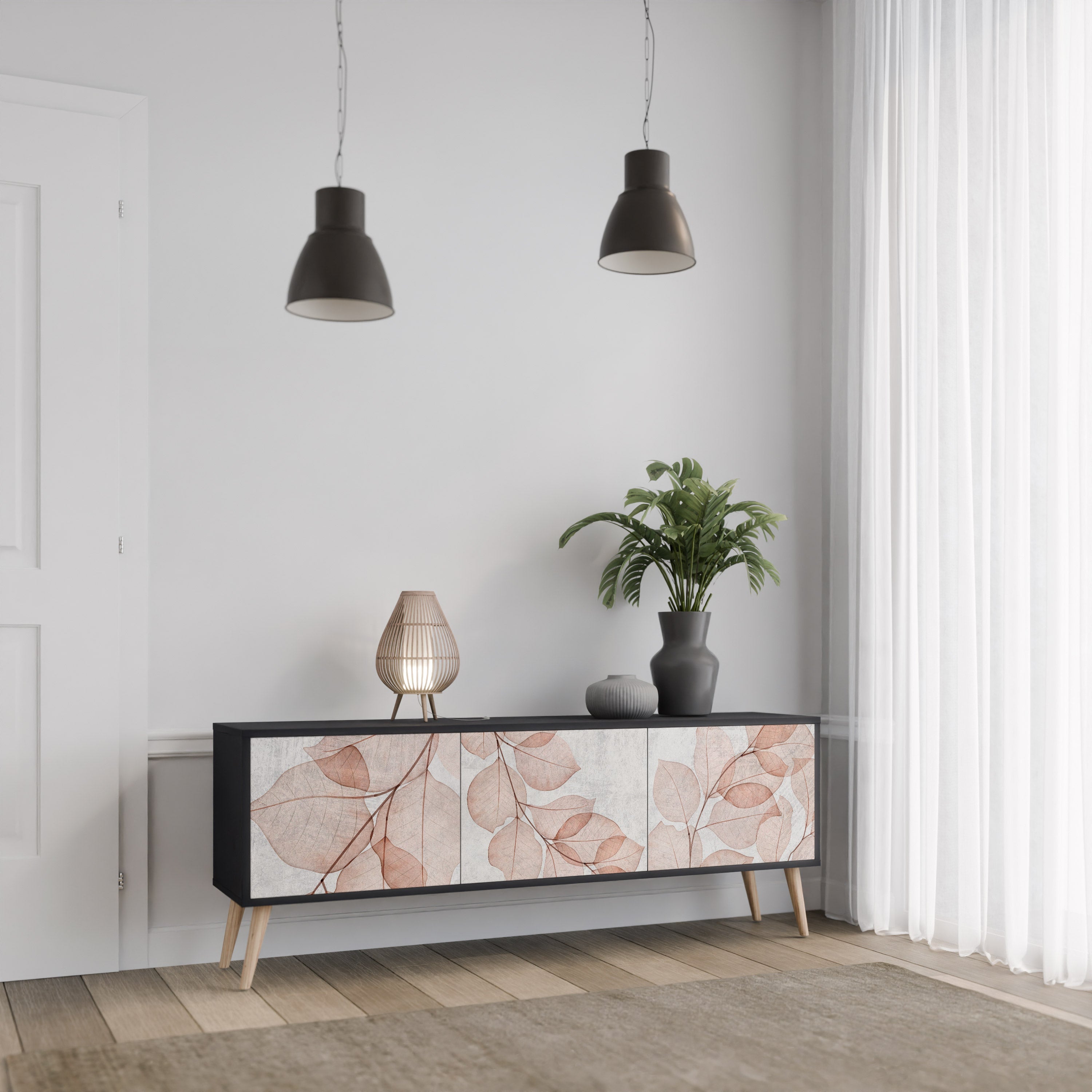 Meuble TV 3 portes AUTUMN FRAGILITY, finition noire