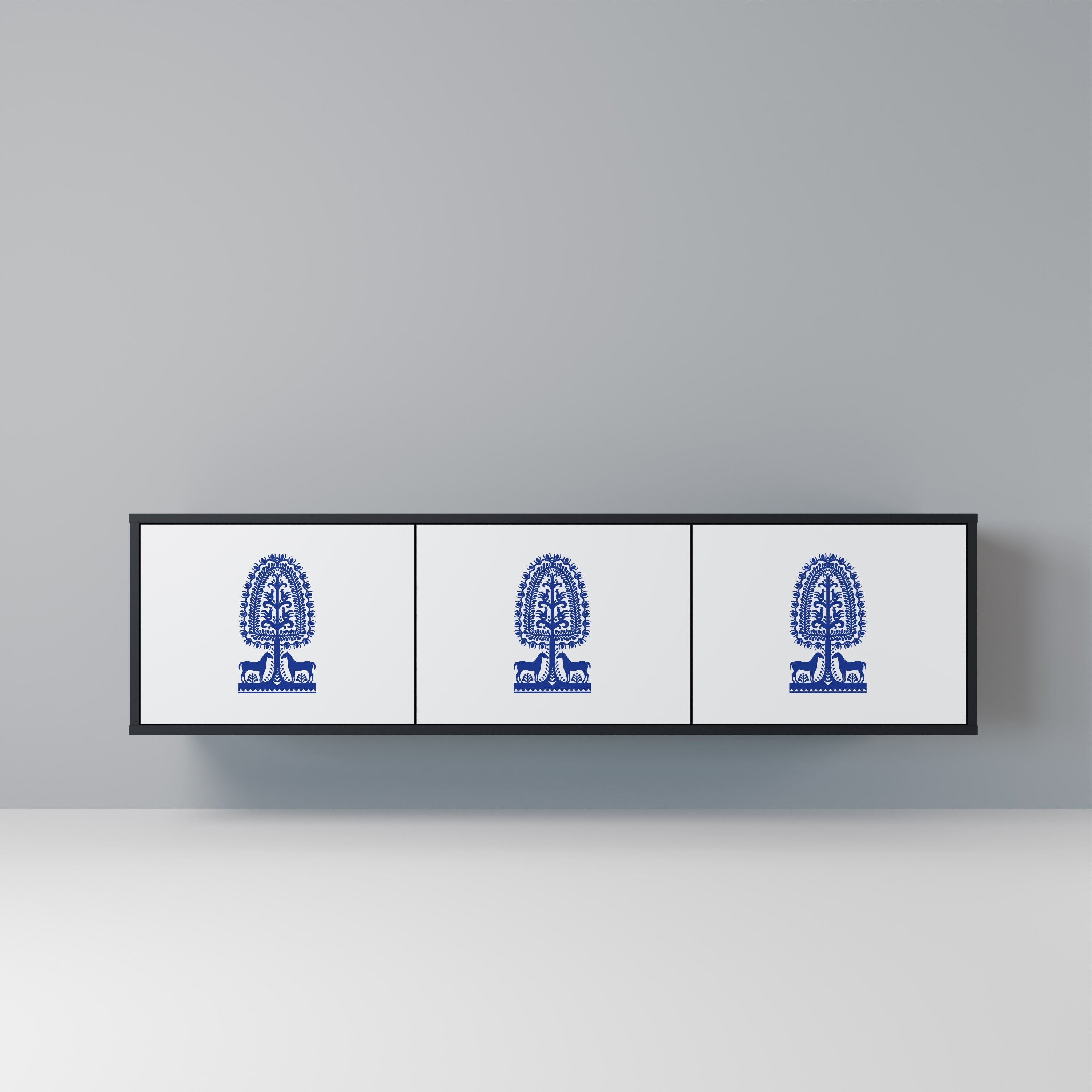 POLISH FOLK ART 3-Door TV Stand in Black Finish