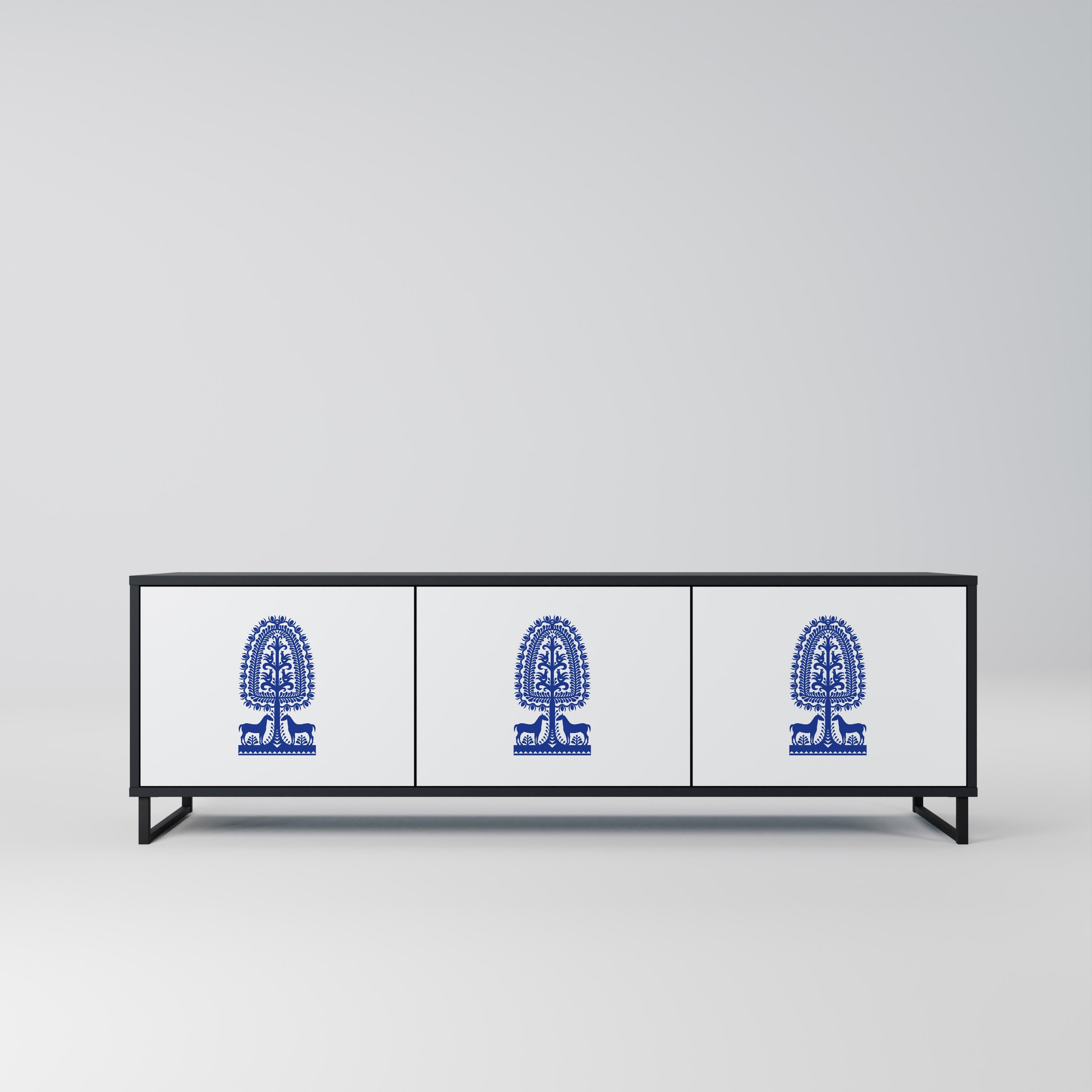 POLISH FOLK ART 3-Door TV Stand in Black Finish