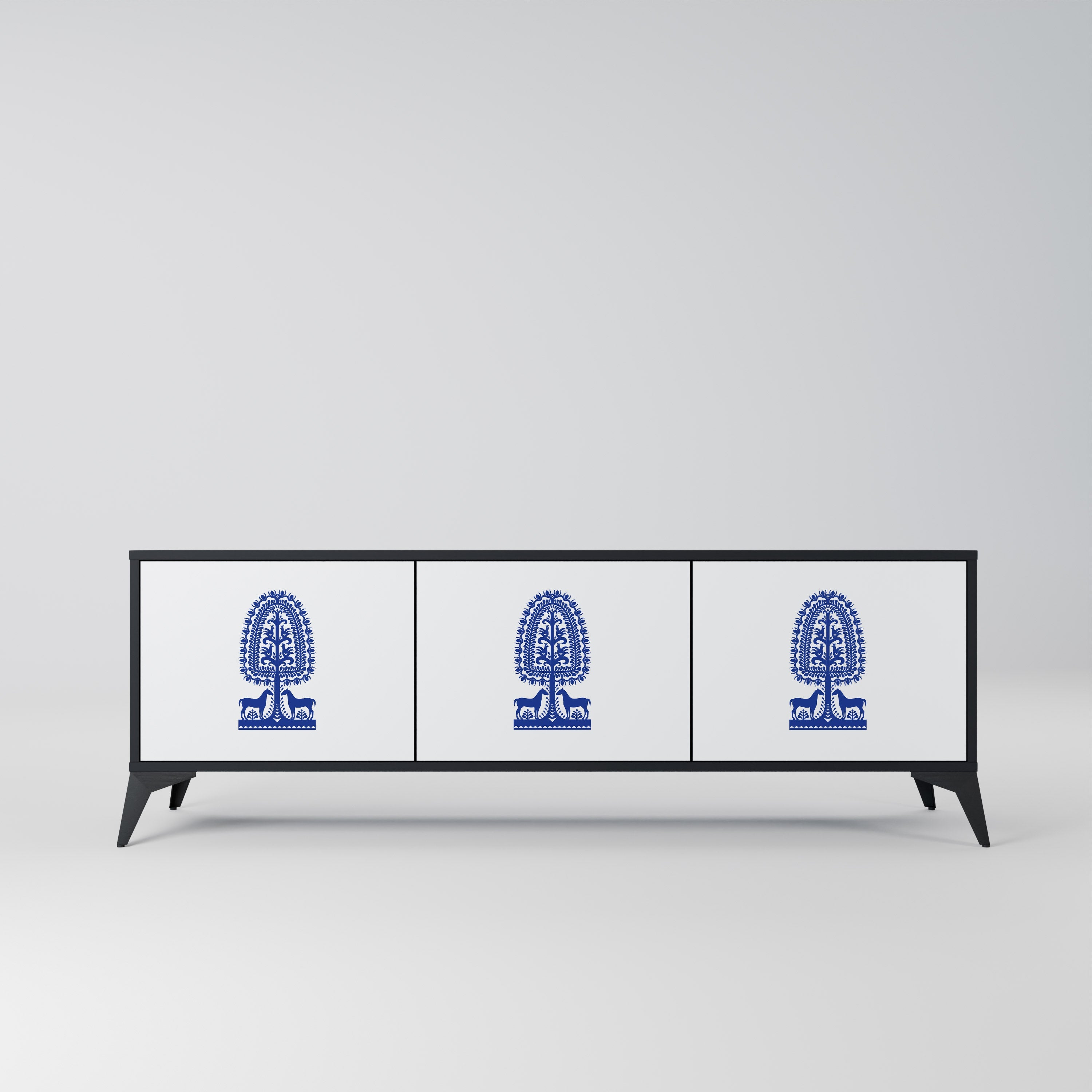 POLISH FOLK ART 3-Door TV Stand in Black Finish