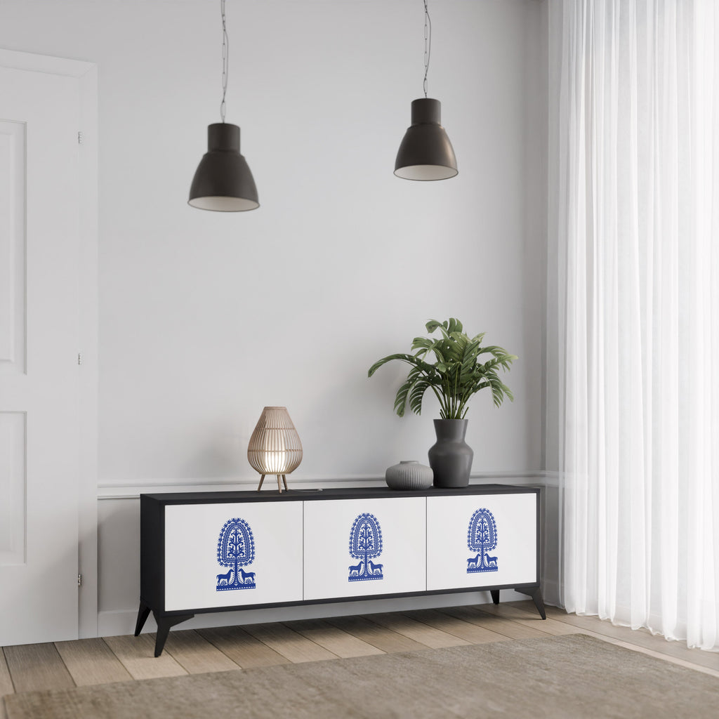 POLISH FOLK ART 3-Door TV Stand in Black Finish