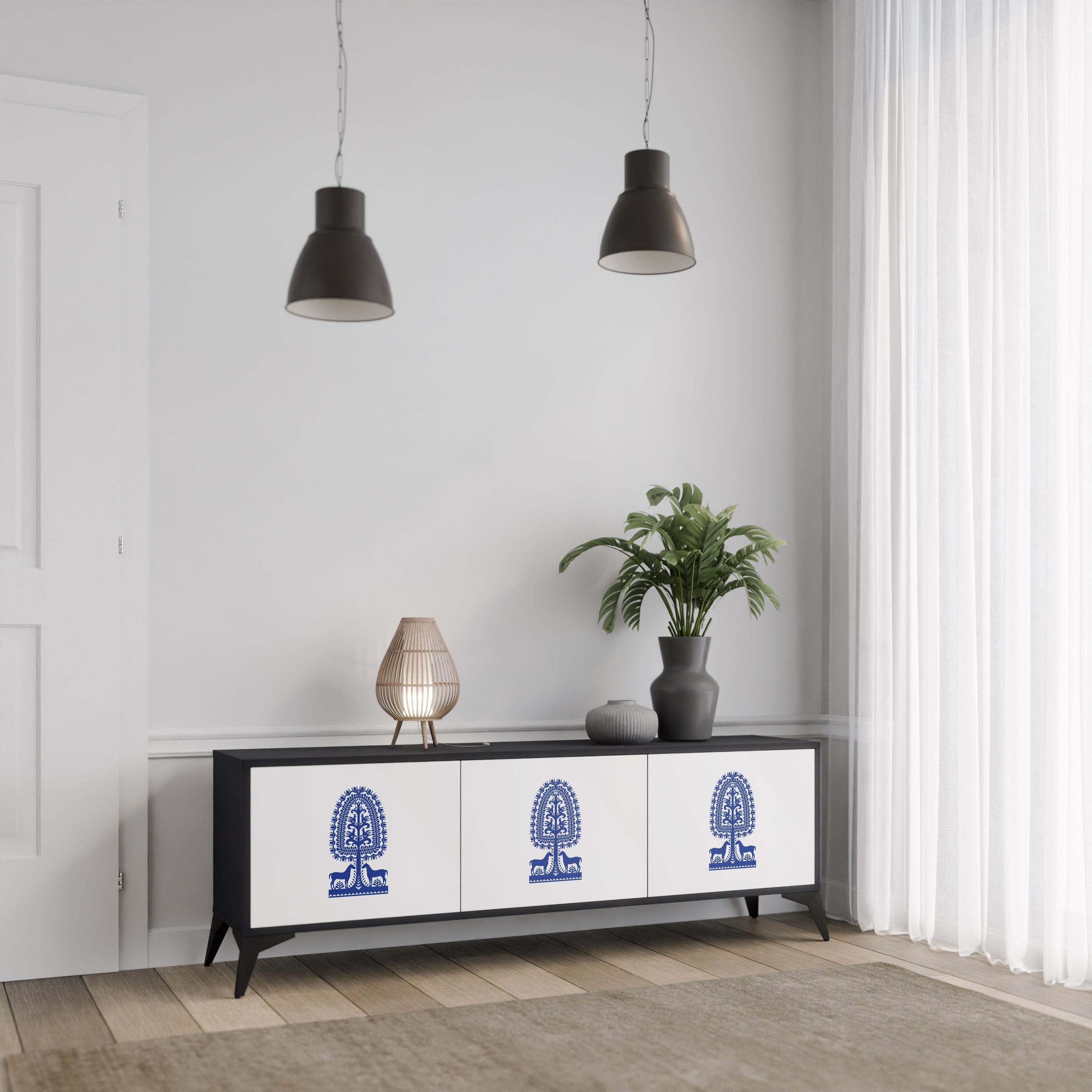 POLISH FOLK ART 3-Door TV Stand in Black Finish