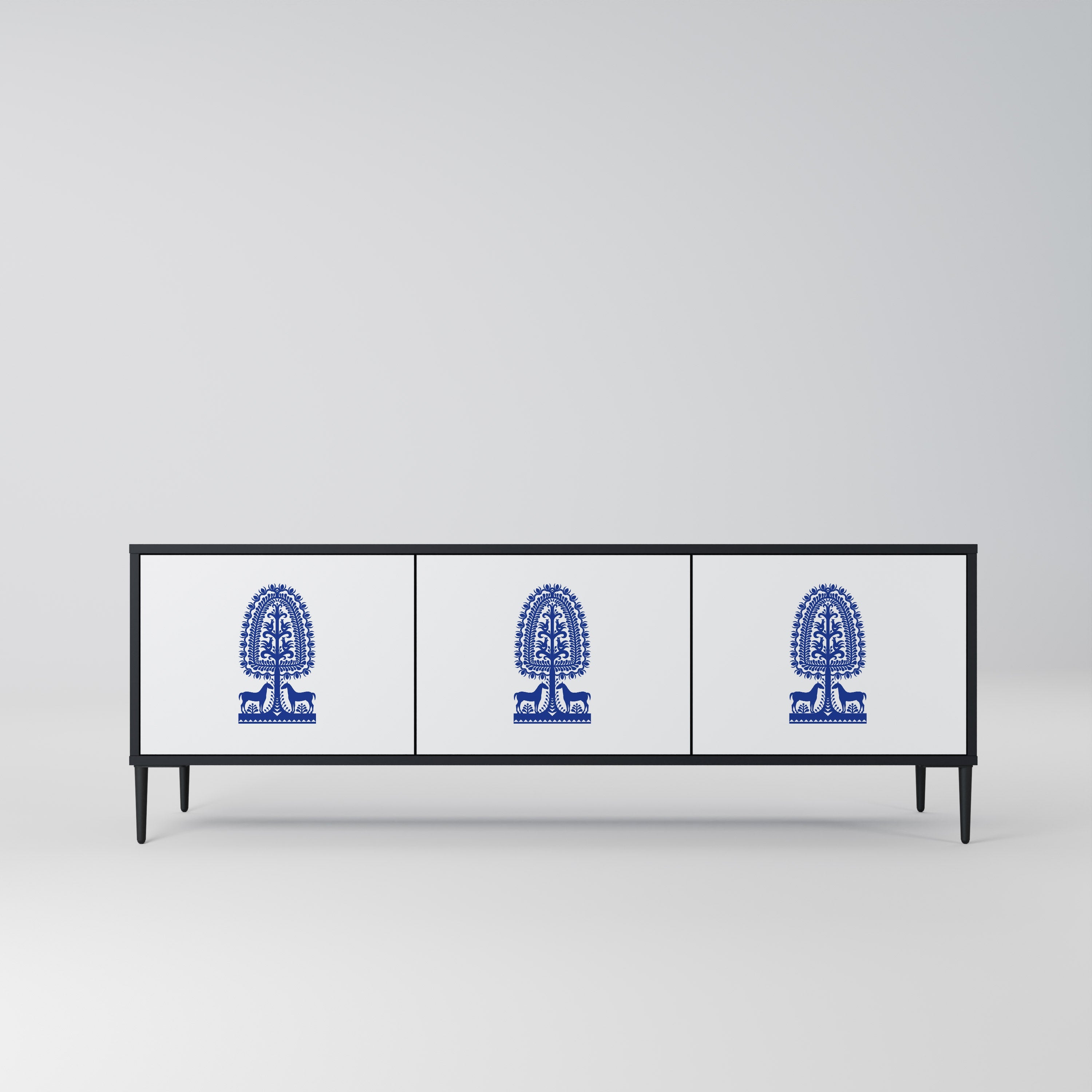 POLISH FOLK ART 3-Door TV Stand in Black Finish