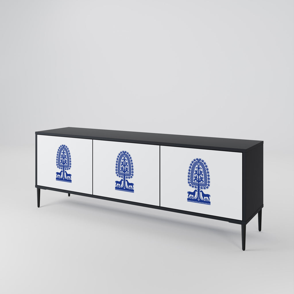 POLISH FOLK ART 3-Door TV Stand in Black Finish
