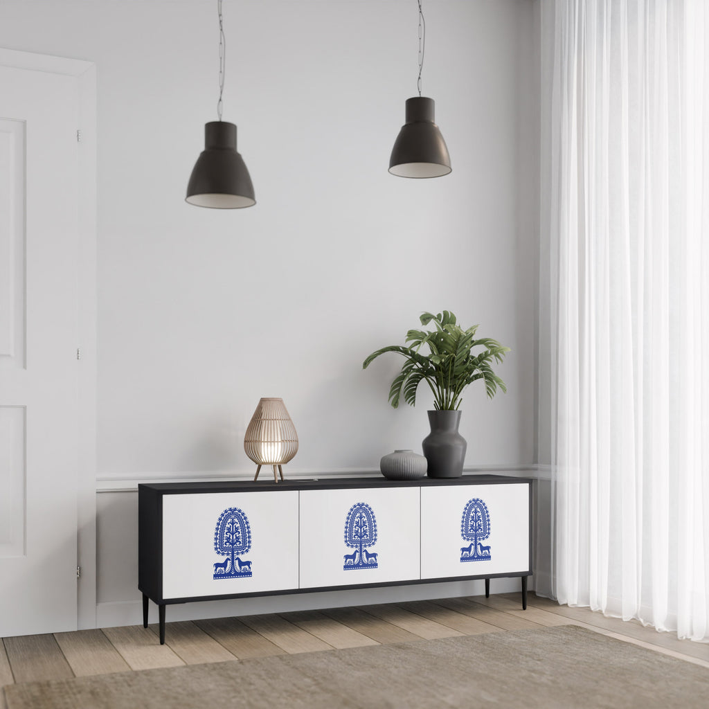 POLISH FOLK ART 3-Door TV Stand in Black Finish