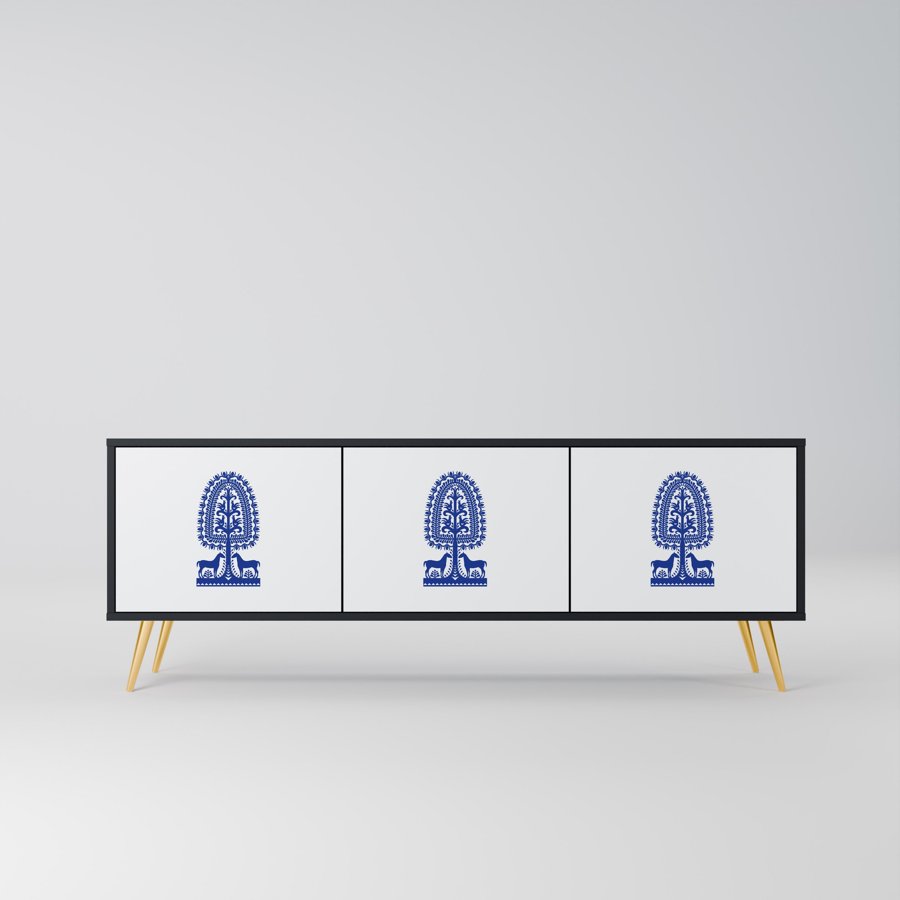 POLISH FOLK ART 3-Door TV Stand in Black Finish