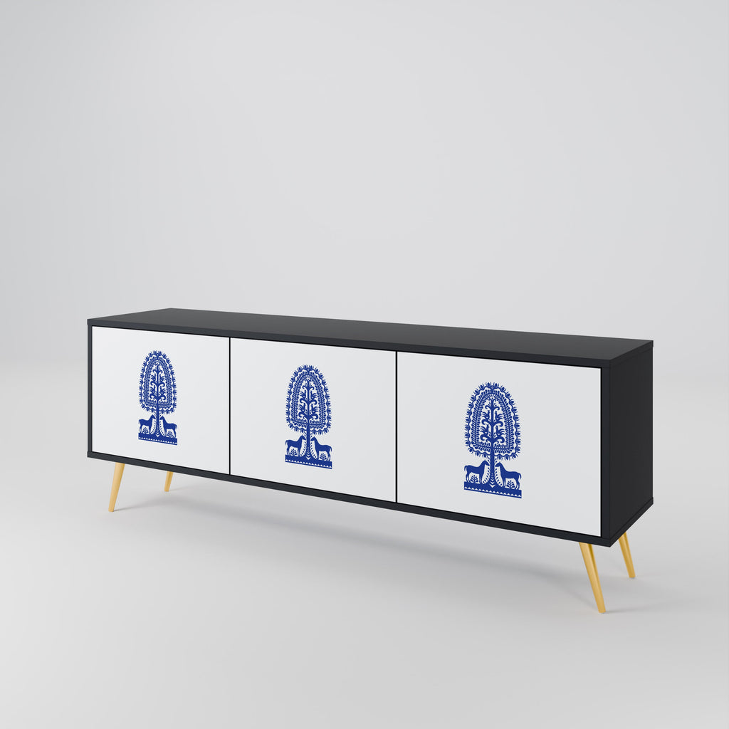 POLISH FOLK ART 3-Door TV Stand in Black Finish