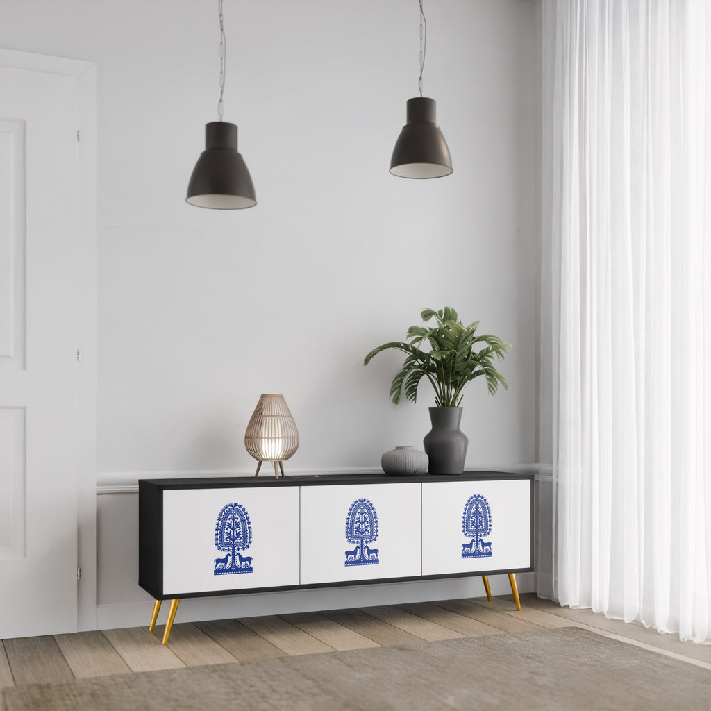 POLISH FOLK ART 3-Door TV Stand in Black Finish
