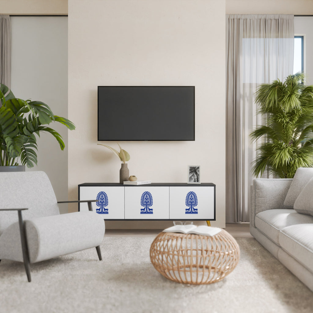 POLISH FOLK ART 3-Door TV Stand in Black Finish