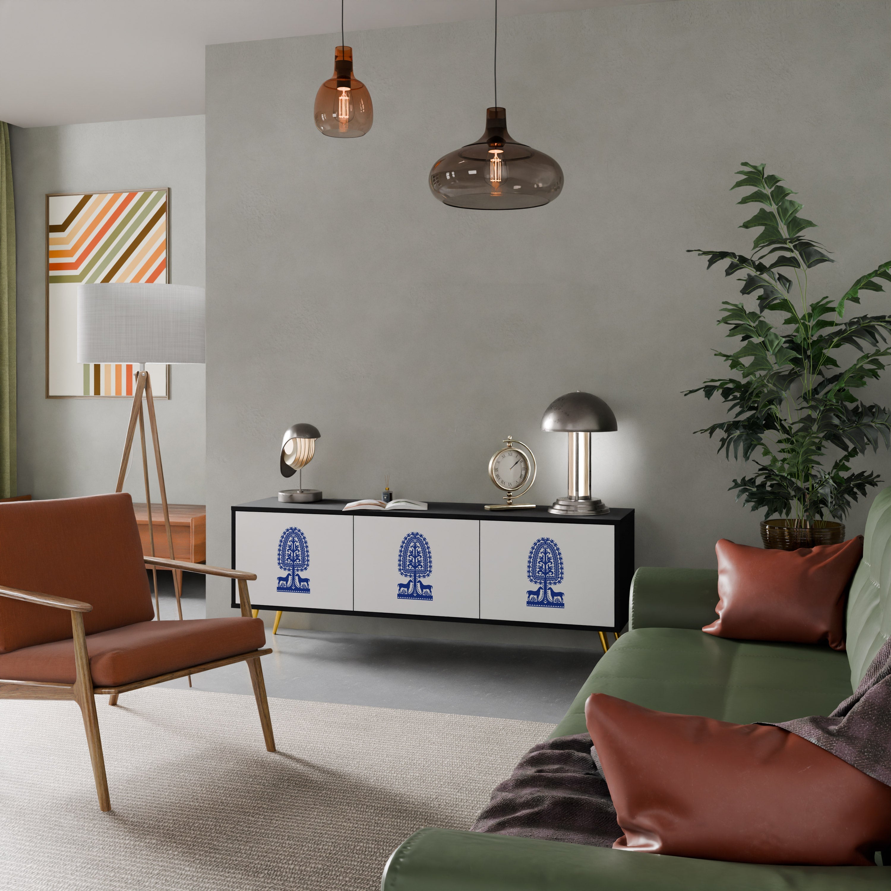 POLISH FOLK ART 3-Door TV Stand in Black Finish