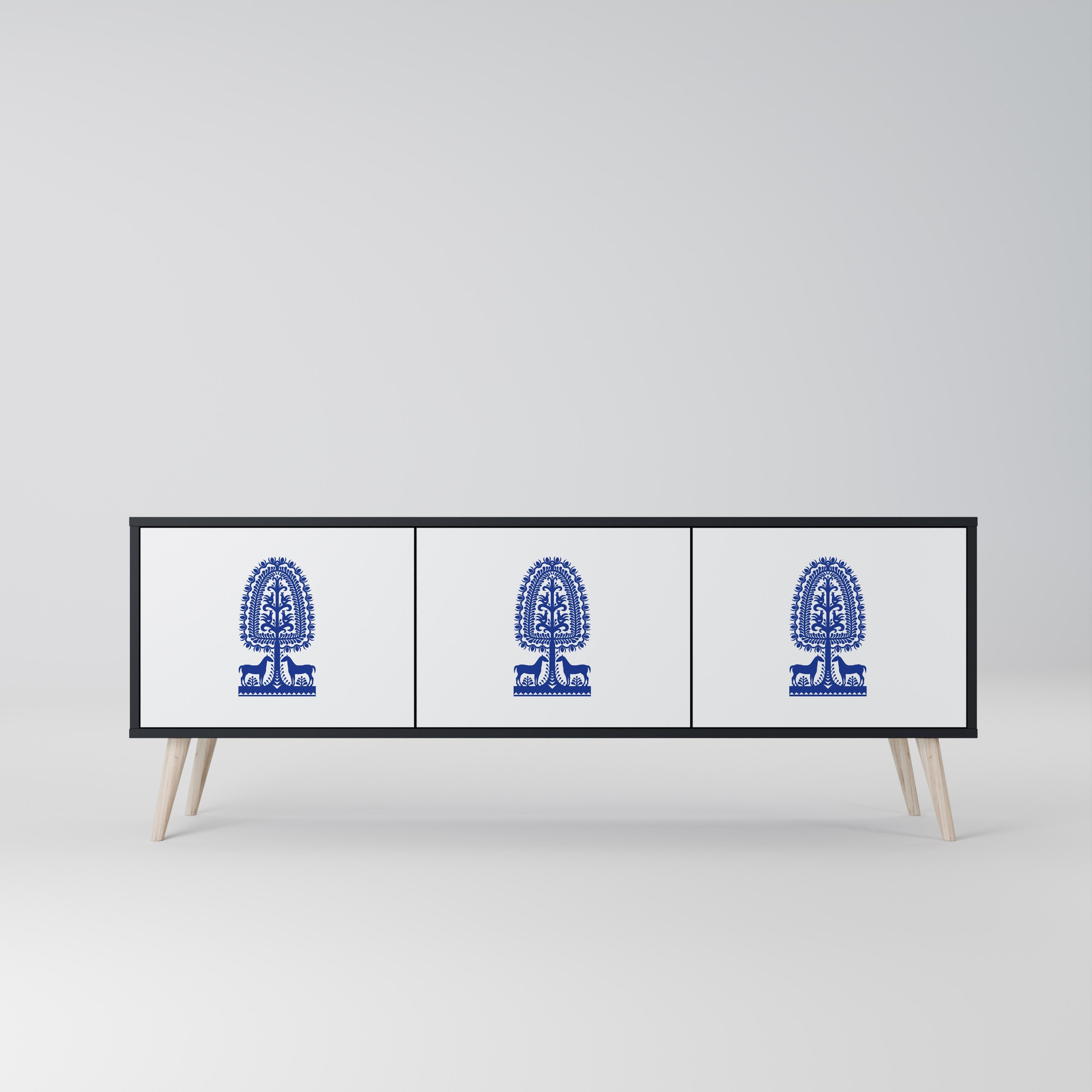 POLISH FOLK ART 3-Door TV Stand in Black Finish