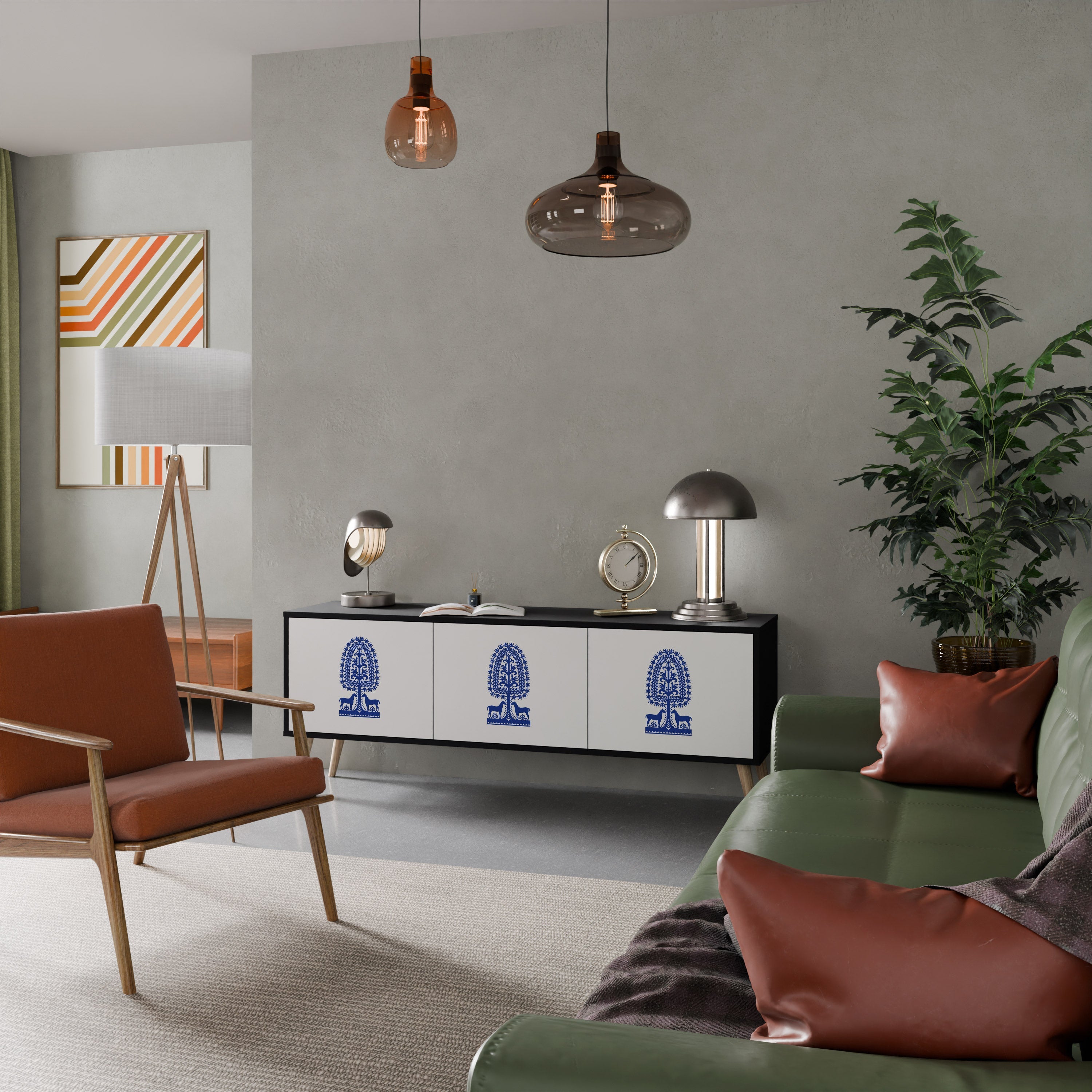 POLISH FOLK ART 3-Door TV Stand in Black Finish