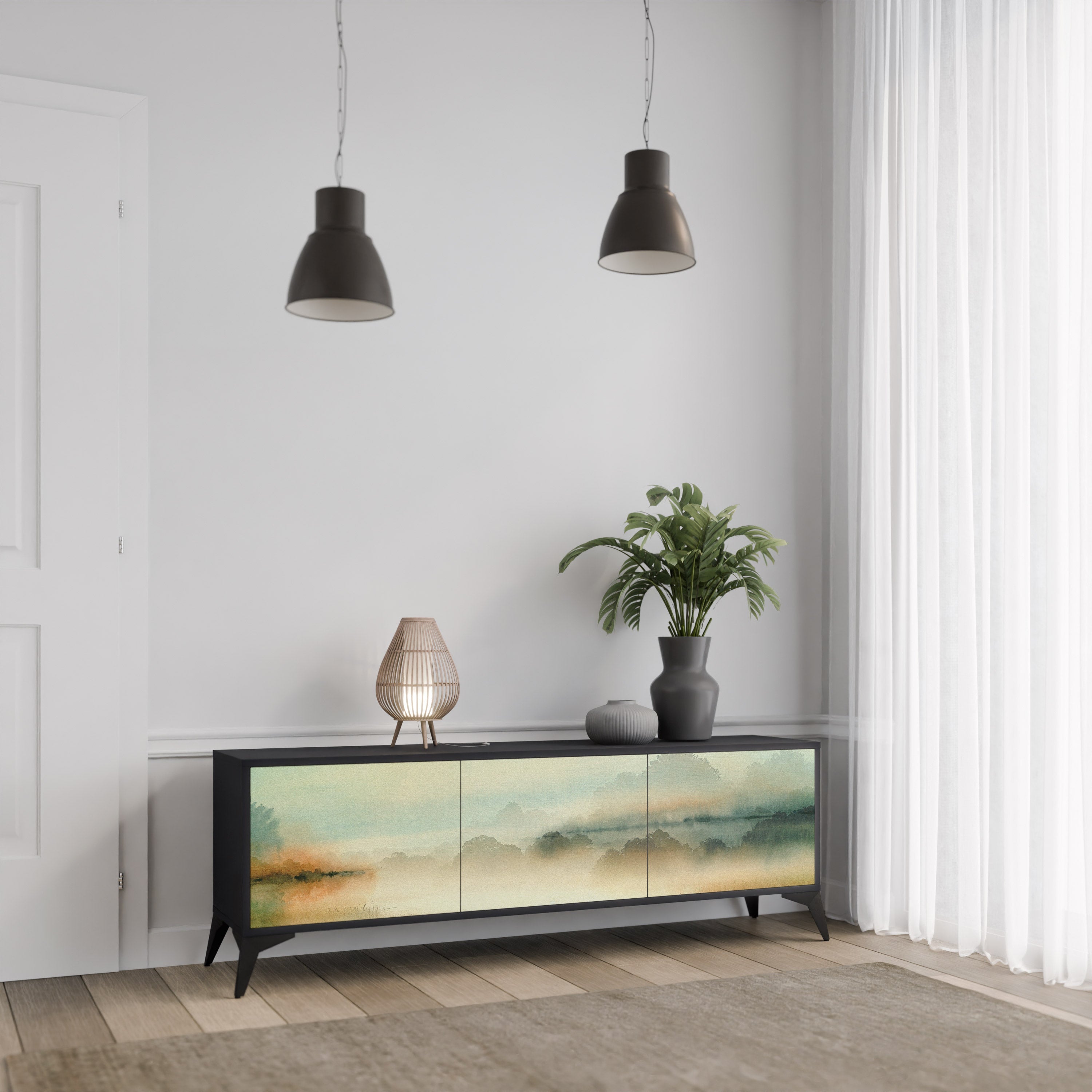 Meuble TV 3 portes MORNING BY THE LAKE en finition noire