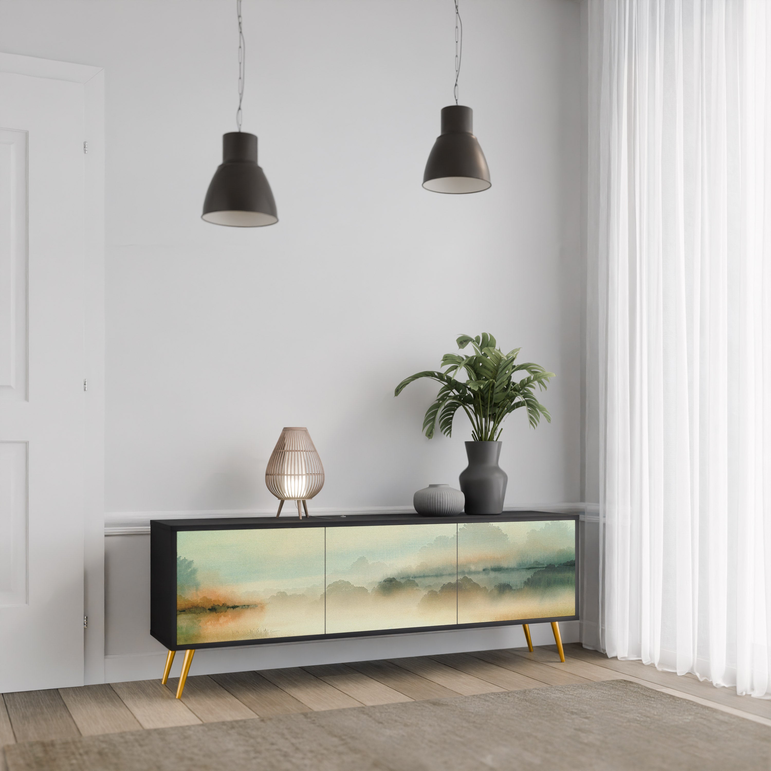 Meuble TV 3 portes MORNING BY THE LAKE en finition noire