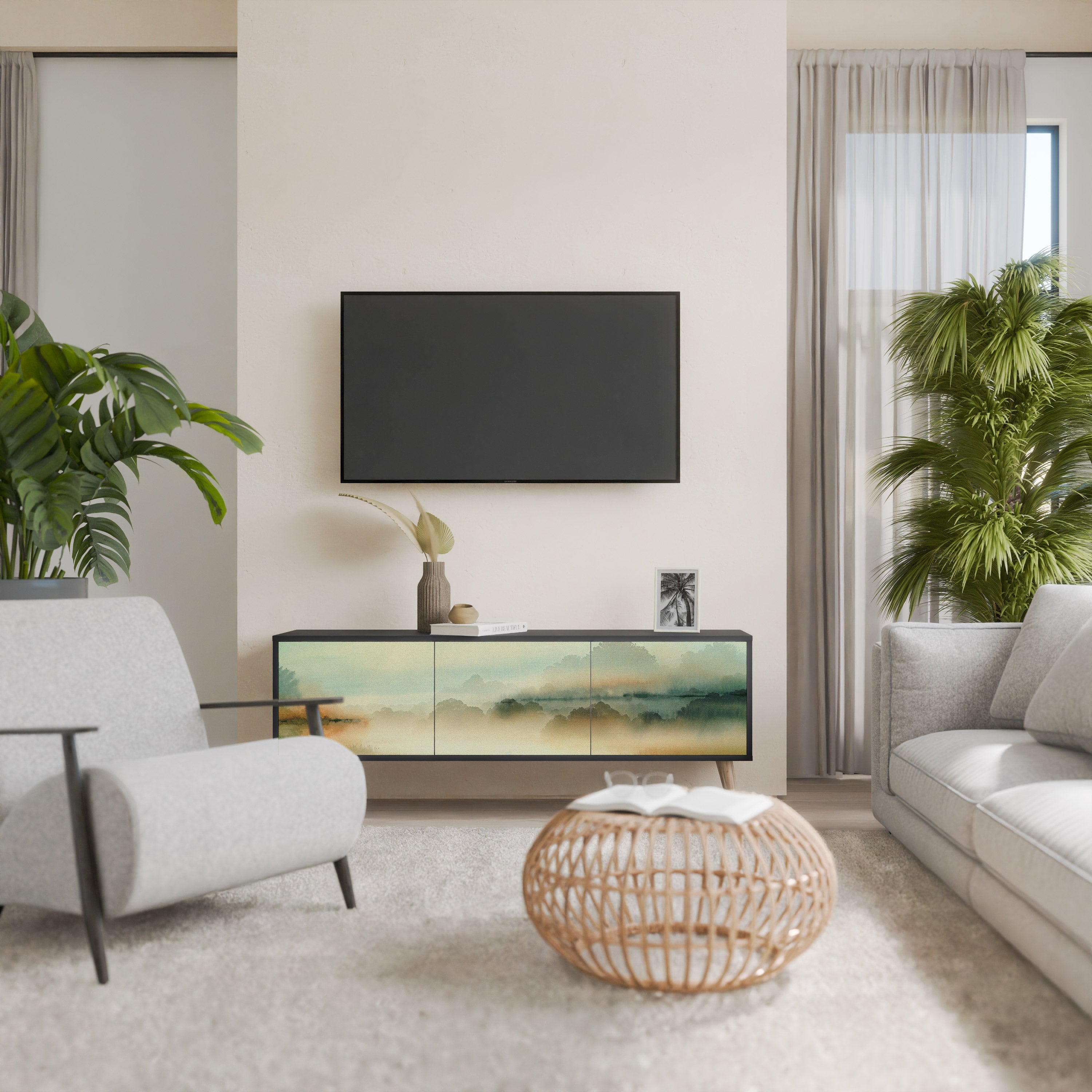 Meuble TV 3 portes MORNING BY THE LAKE en finition noire