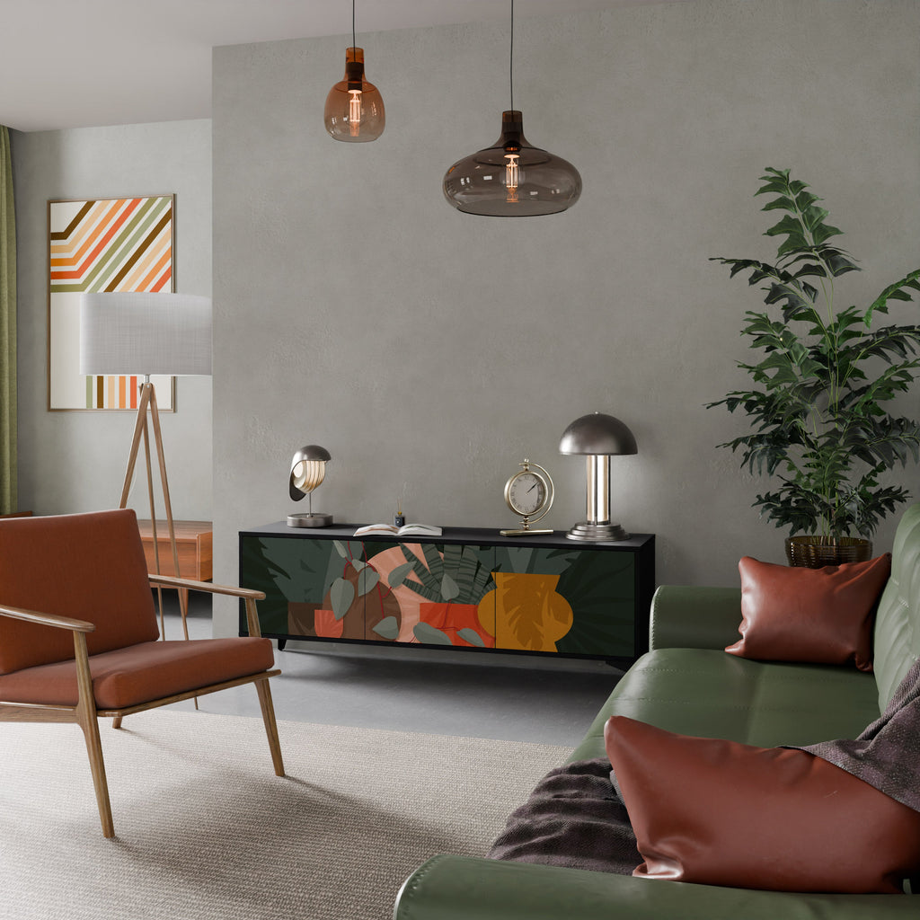 Meuble TV 3 portes TROPICAL COMPOSITION, finition noire