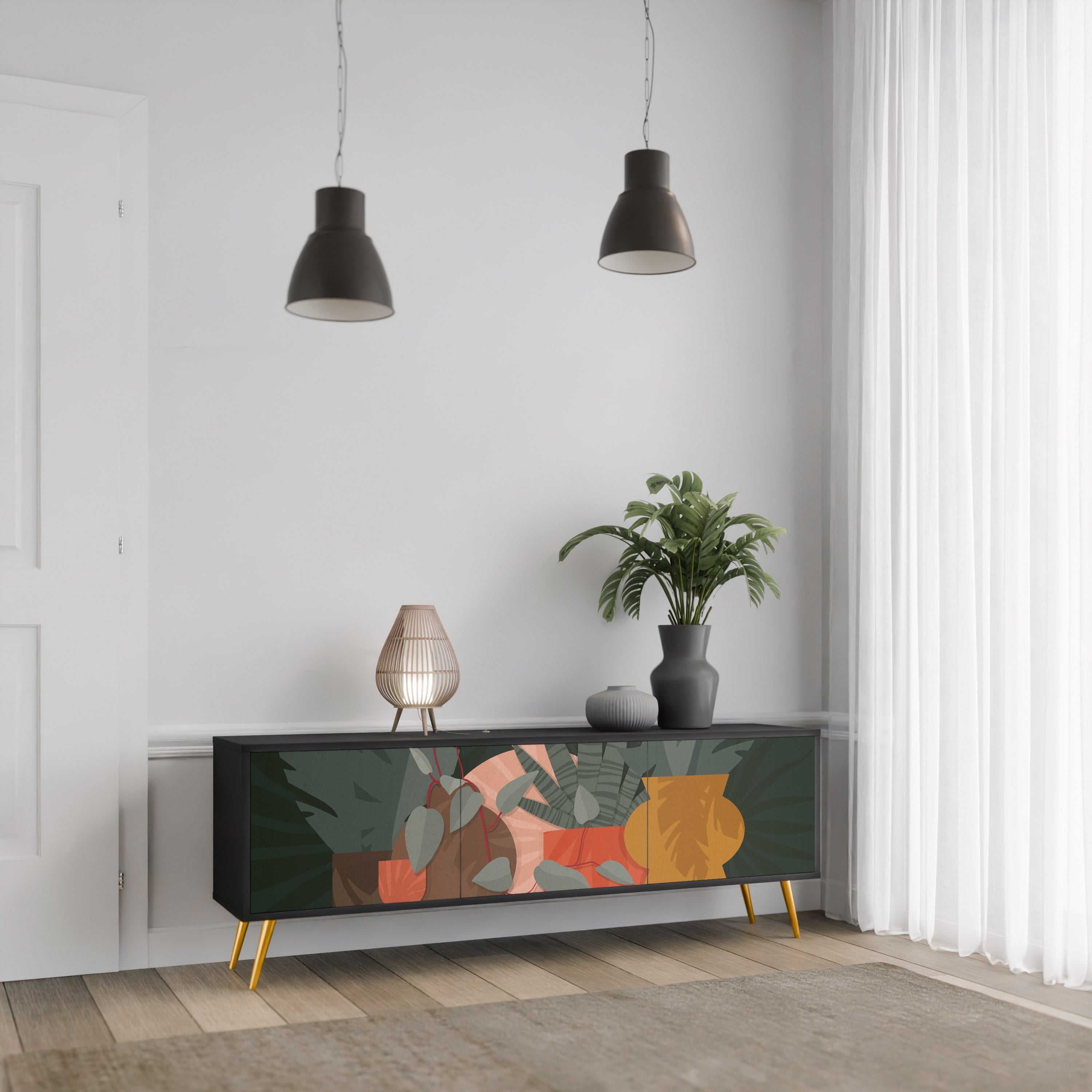 Meuble TV 3 portes TROPICAL COMPOSITION, finition noire