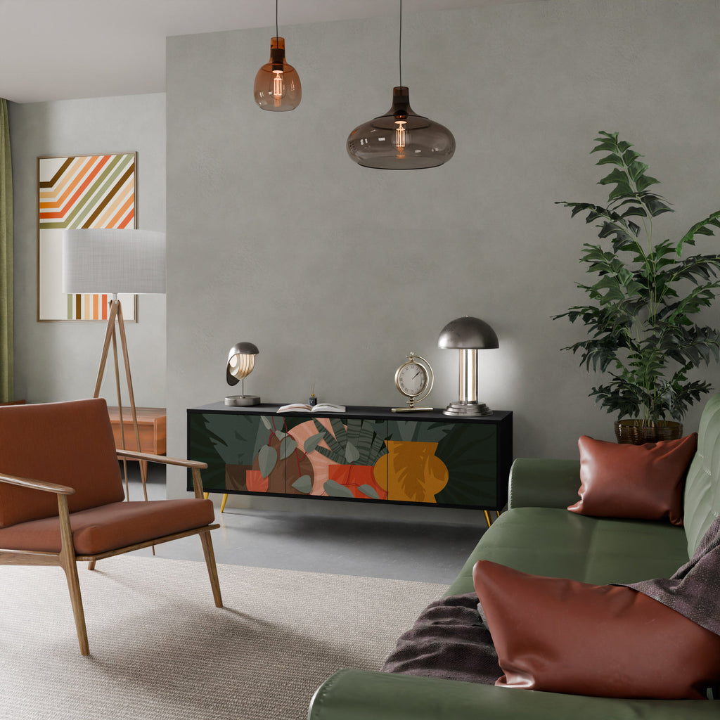 Meuble TV 3 portes TROPICAL COMPOSITION, finition noire