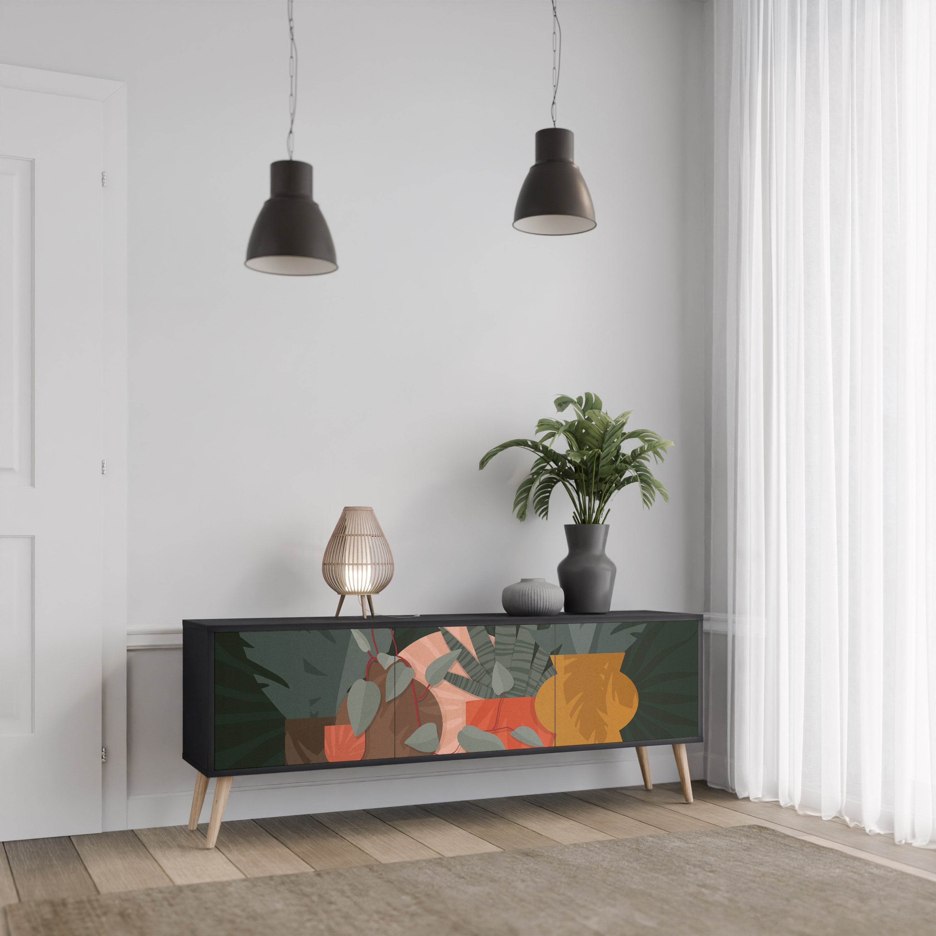 Meuble TV 3 portes TROPICAL COMPOSITION, finition noire